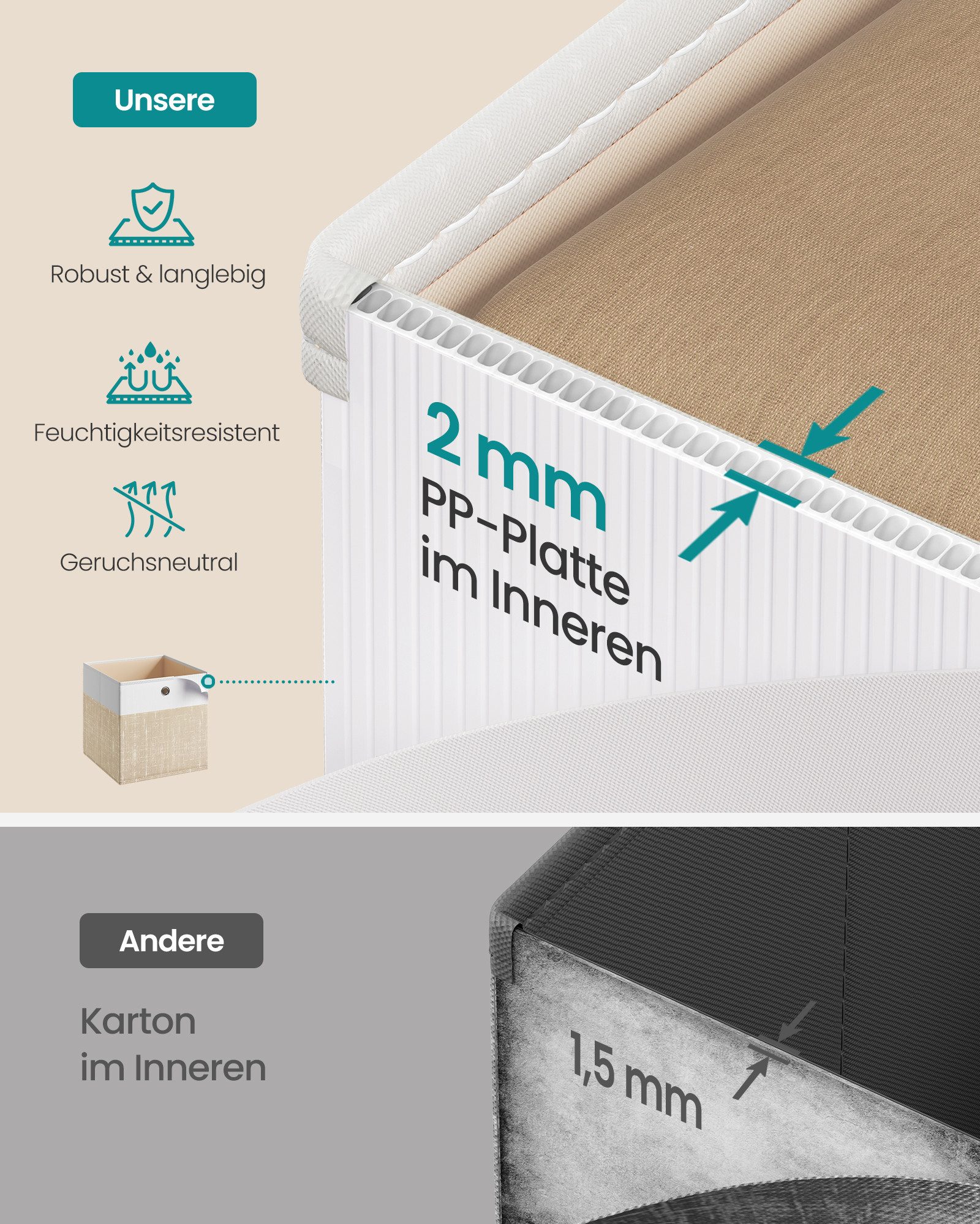 SONGMICS Aufbewahrungsbox Aufbewahrungskorb, Ordnungsboxen, Faltbox, Stoffbox für Würfelregal (6 St), mit PP-Platten, geruchsneutral, 30 x 30 x 30 cm, wolkenweiß-sandbeige