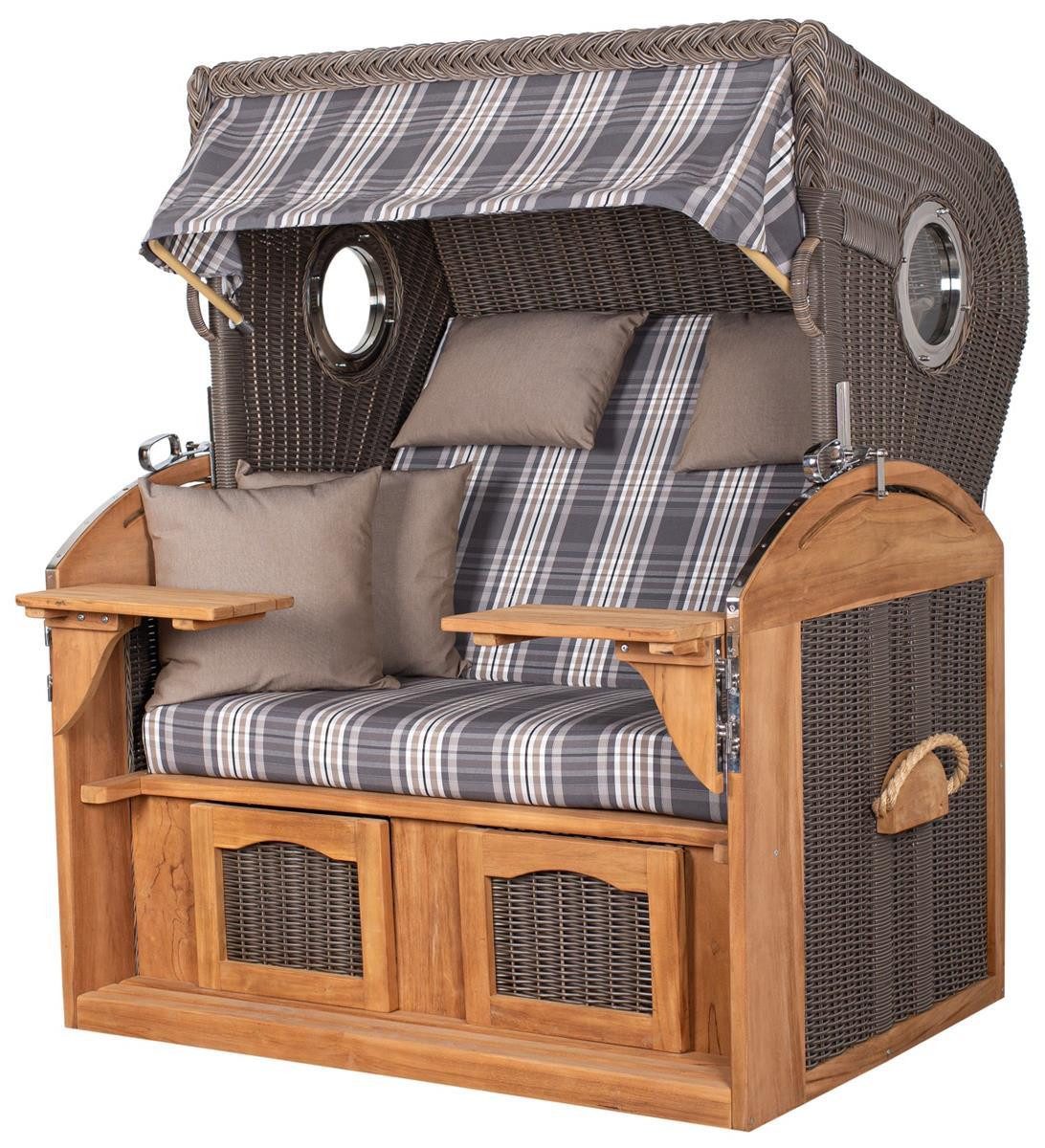 bene living Strandkorb Borkum XL Teak - PE grau - Modell 522, BxTxH: 142x95x170 cm, Volllieger ca. 180 Grad, Nordsee-Strandkorb Komplettset, inkl. Liftersystem und Bullaugen