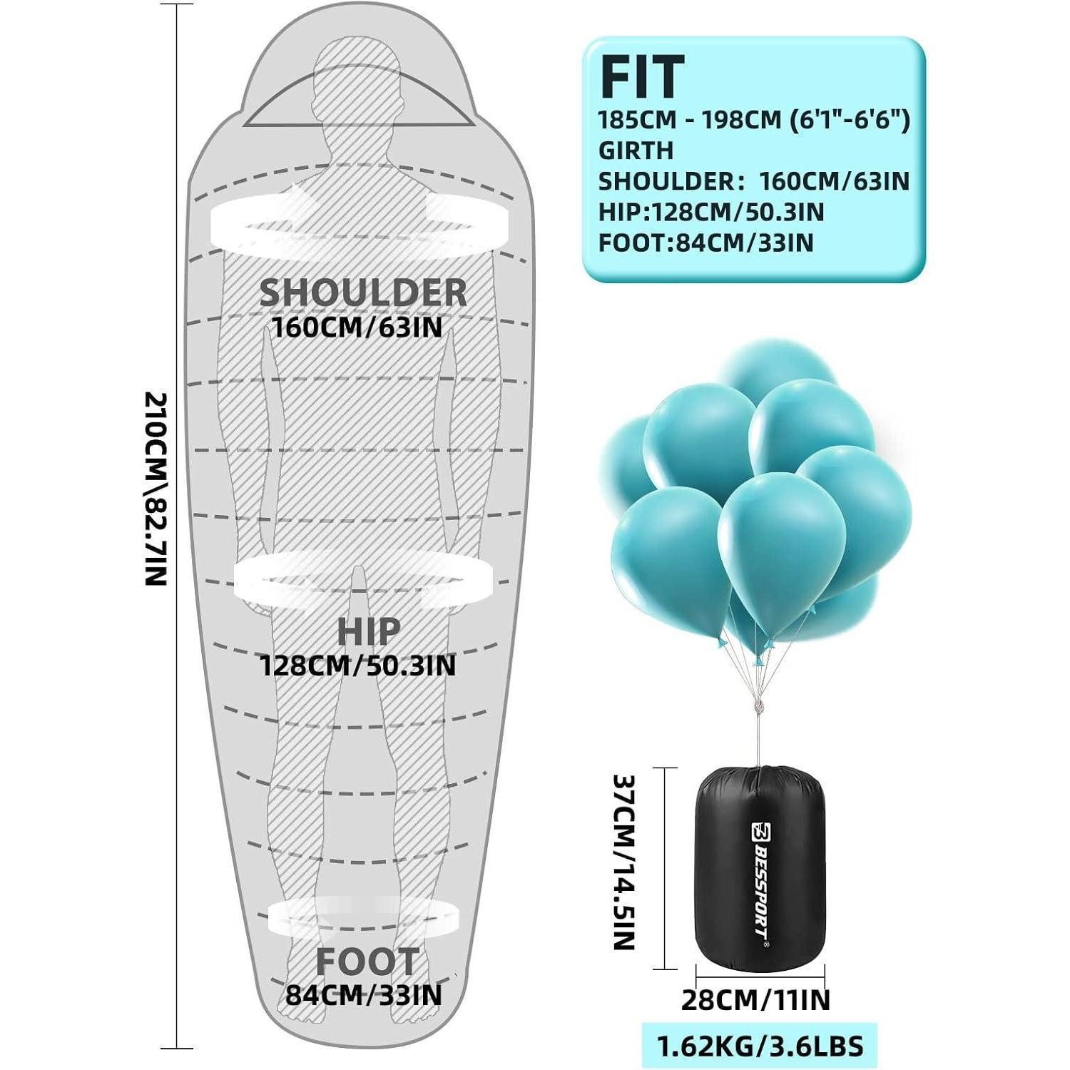 Bessport Mumienschlafsack Schlafsack 4 Jahreszeiten Mumienschlafsack -10 ℃ - 15
