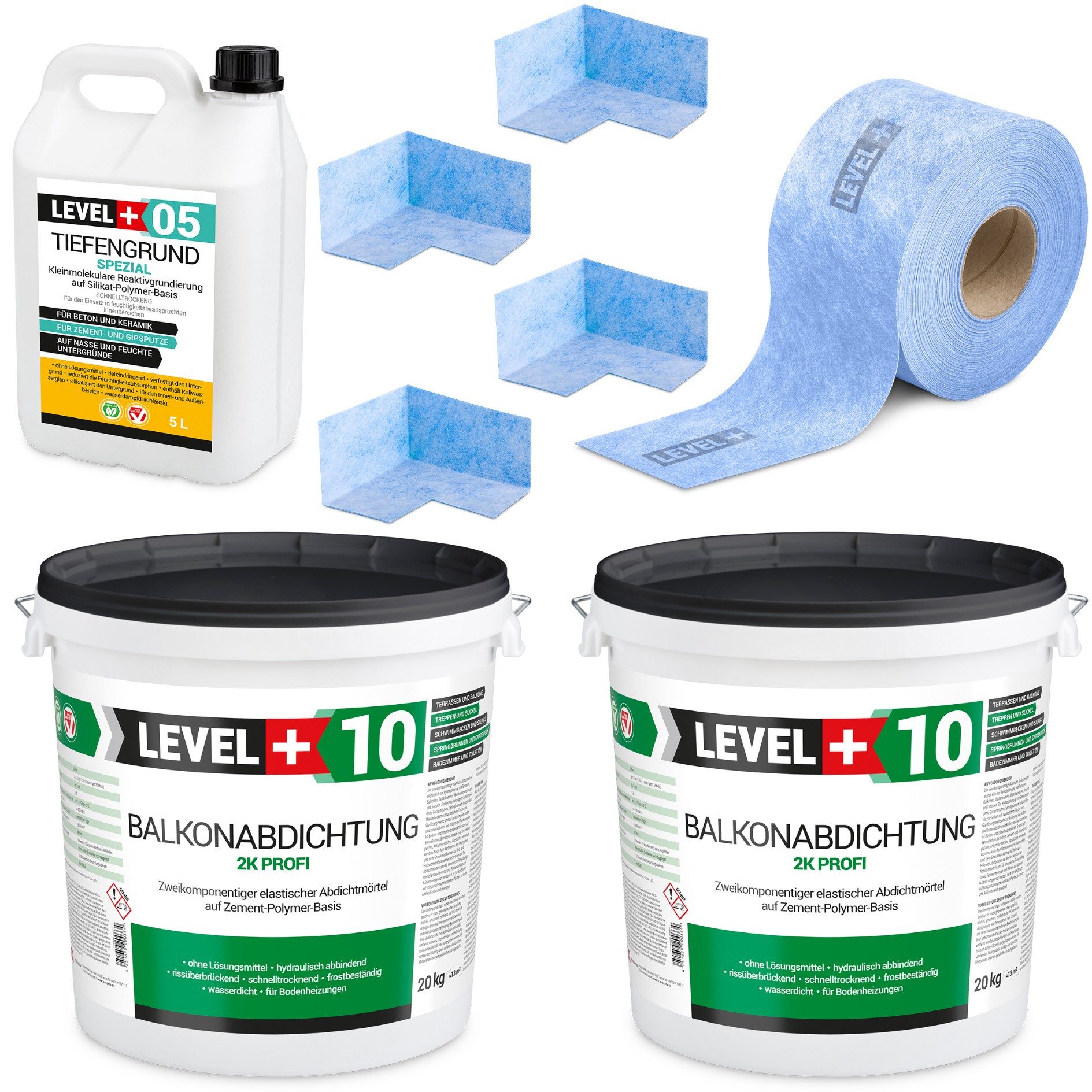 Level+ Dichtstoff Dichtset 40kg Balkonabdichtung 2K Badabdichtung SET36