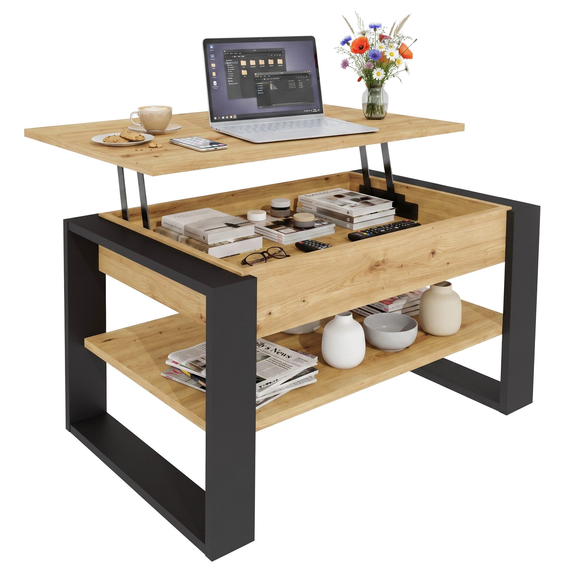 TREND WERK Couchtisch Lift-Couchtisch höhenverstellbar Sofatisch 92×55 cm mit Stauraum (verstecktem Fach Wohnzimmertisch Holz modern)