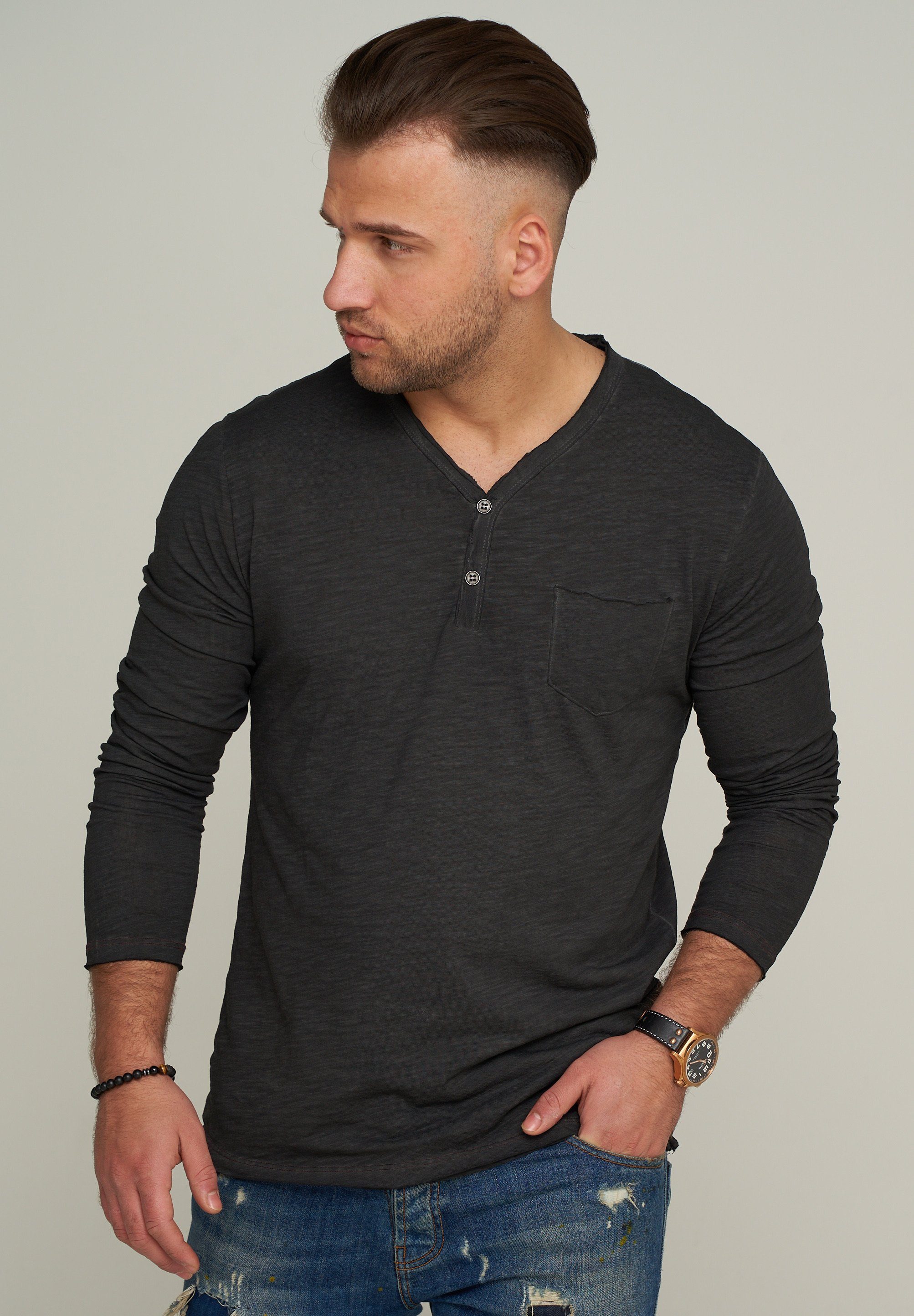 CARISMA Longsleeve CRSEWARD V-Neck mit Knopfleiste T-Shirt Schwarz