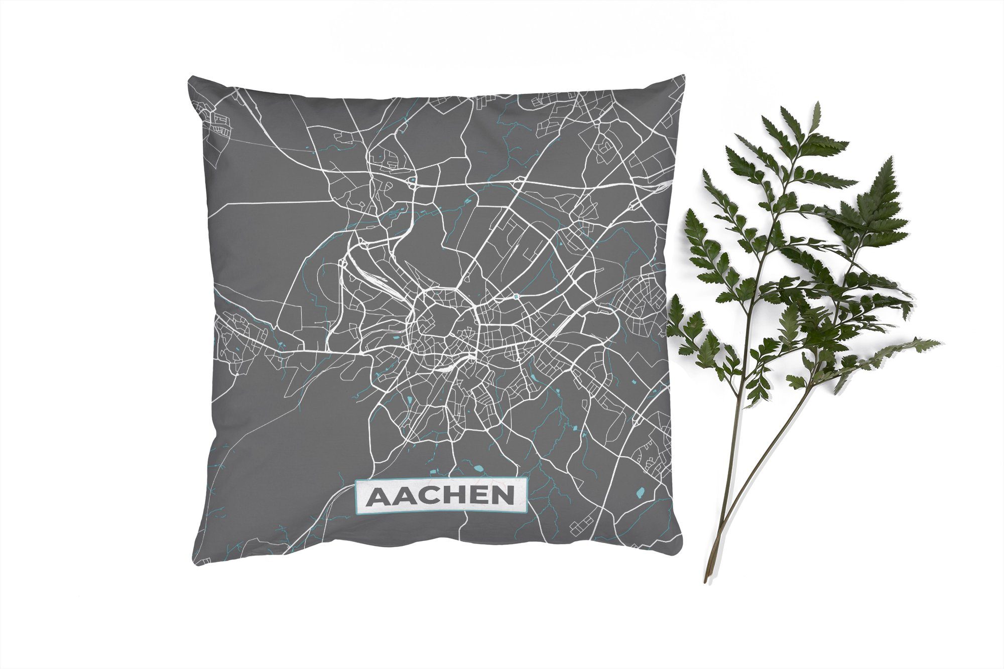 MuchoWow Dekokissen Blau - Deutschland - Karte - Stadtplan - Aachen, Zierkissen mit Füllung für Wohzimmer, Schlafzimmer, Deko, Sofakissen