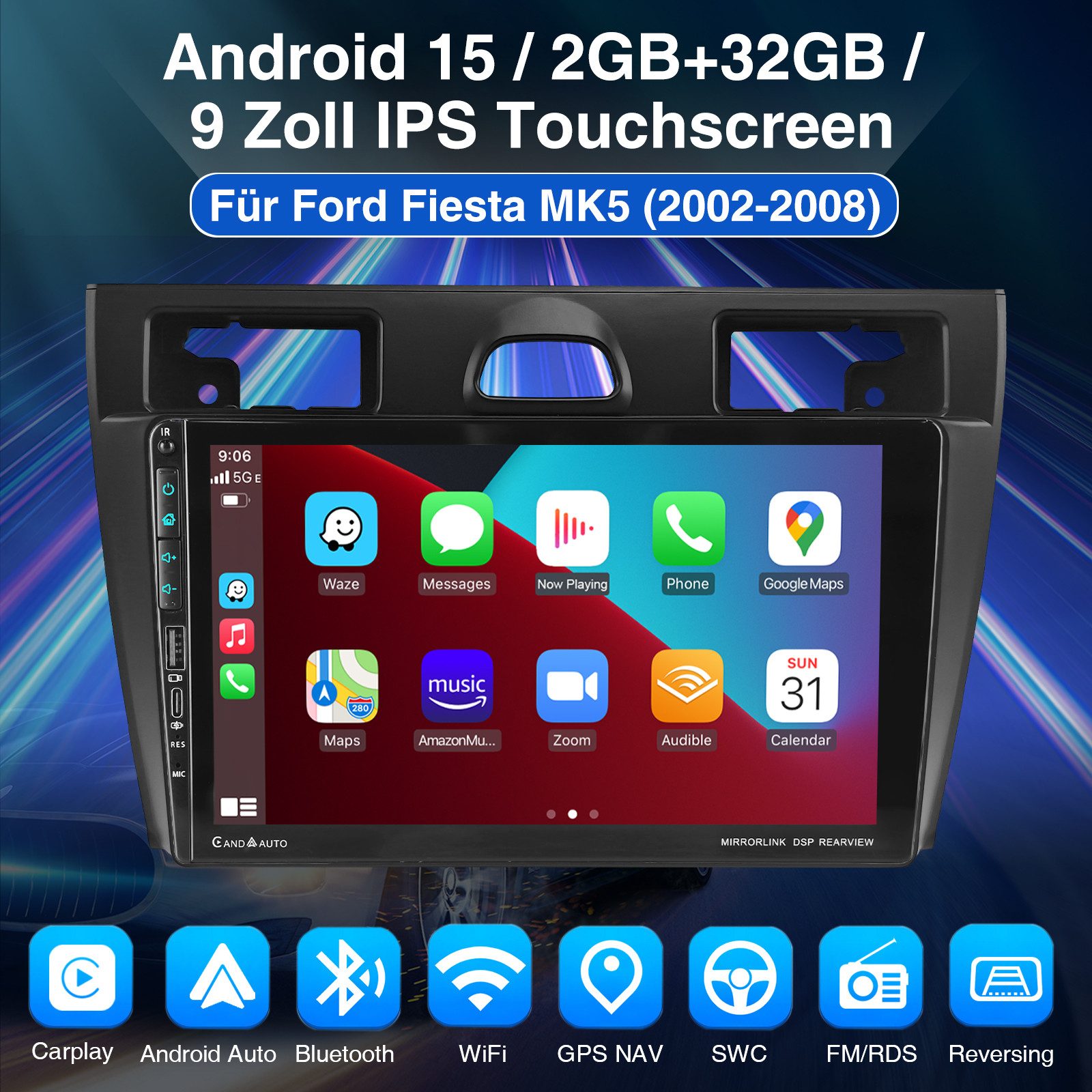 ESSGOO Für Ford Fiesta MK5 VI 2002-08 Android 15 Carplay WiFi Mit USB Type-C Autoradio (RDS, 4+64GB(optional), Digitalradio (DAB), FM, AM, Carplay Android Auto Bluetooth EQ USB GPS Navi WIFI IPS Touchscreen)