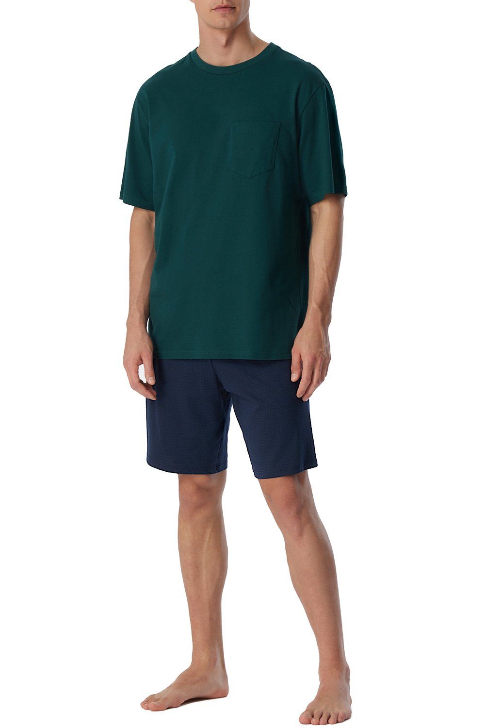 Schiesser Shorty Essentials Nightwear (2 tlg) Herren Pyjama Set kurz aus reiner Baumwolle dunkelgrün