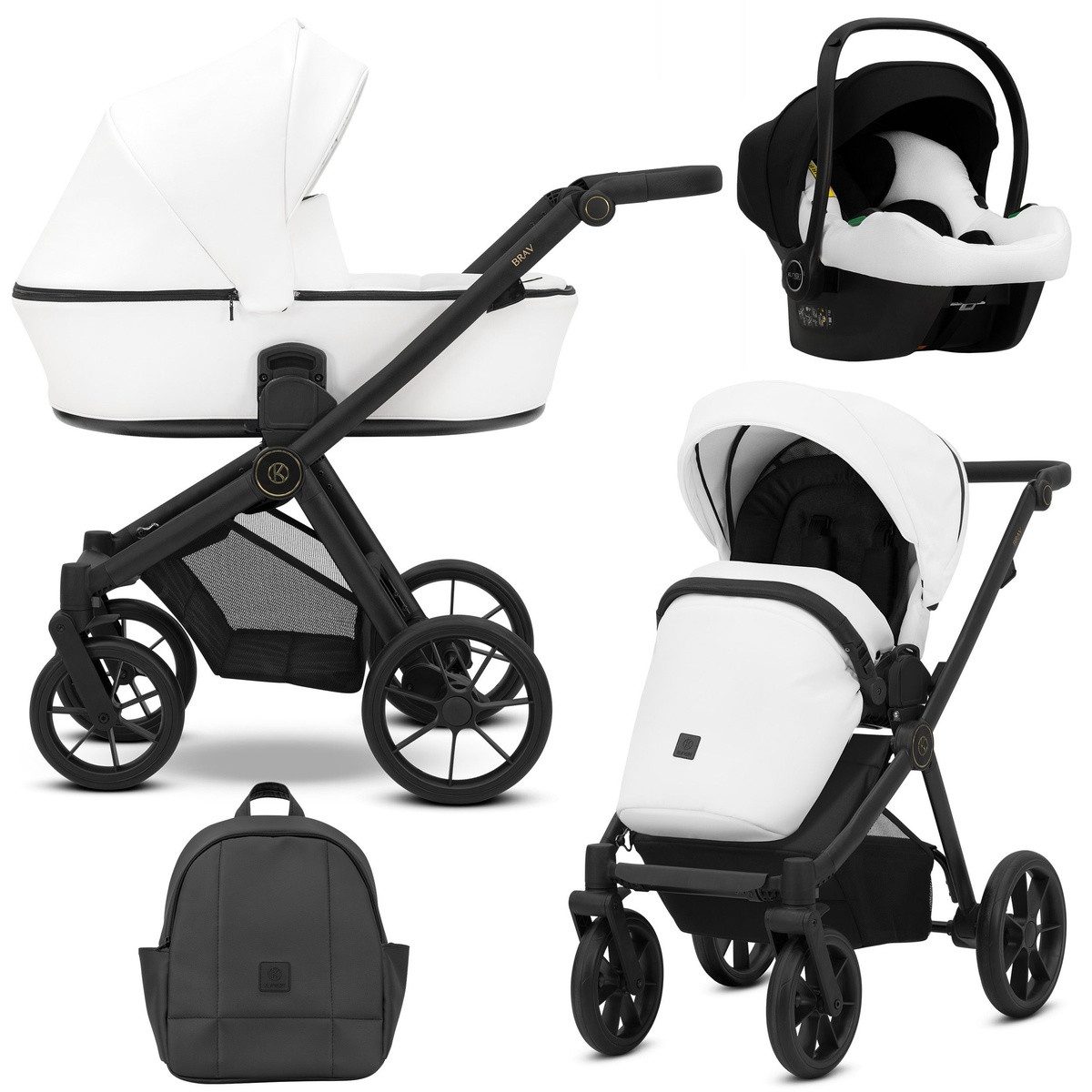 KUNERT Kombi-Kinderwagen BRAV 3 in1 Öko-Leder Kinderwagen mit schwarzem Rahmen, Gelrädern, Leichtes Aluminiumgestell, 5-Punkt-Sicherheitsgurte