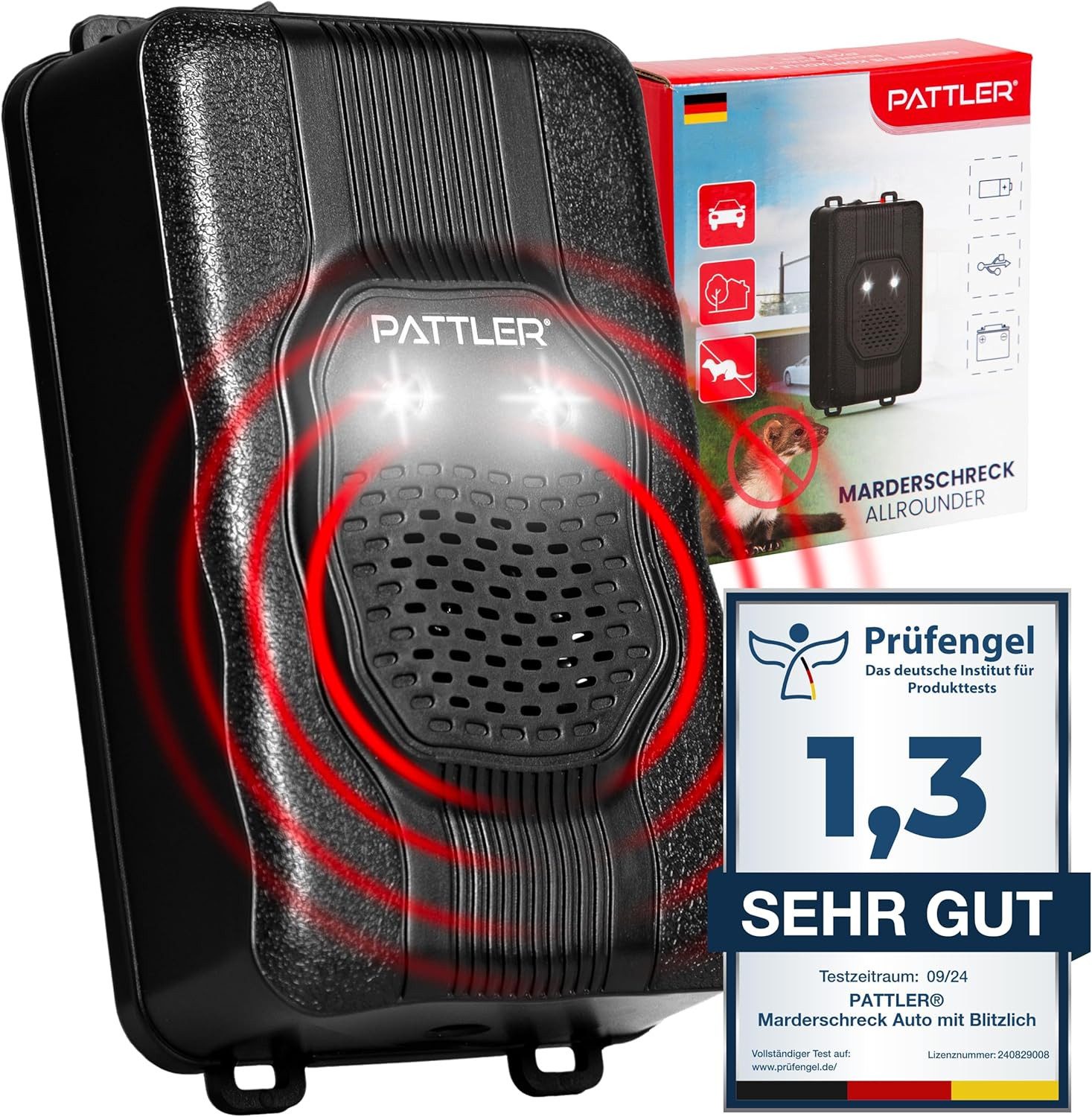 Pattler Ultraschall-Tierabwehr Marderschreck Auto mit Blitzlicht - Flexible Stromversorgung, Effektiver Marderschutz für Auto, Garten, Dachboden 1-tlg., 12V Autobatterie, AA-Batterie oder USB