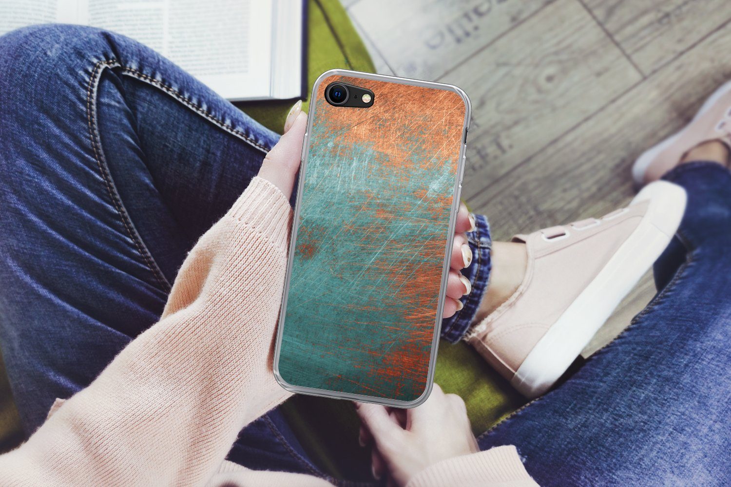 MuchoWow Handyhülle für Apple iPhone 7 Metall - Rost - Bronze - Blau - Abstrakt - Struktur, Smartphone-Bumper, Print, Handy Schutzhülle Dünn