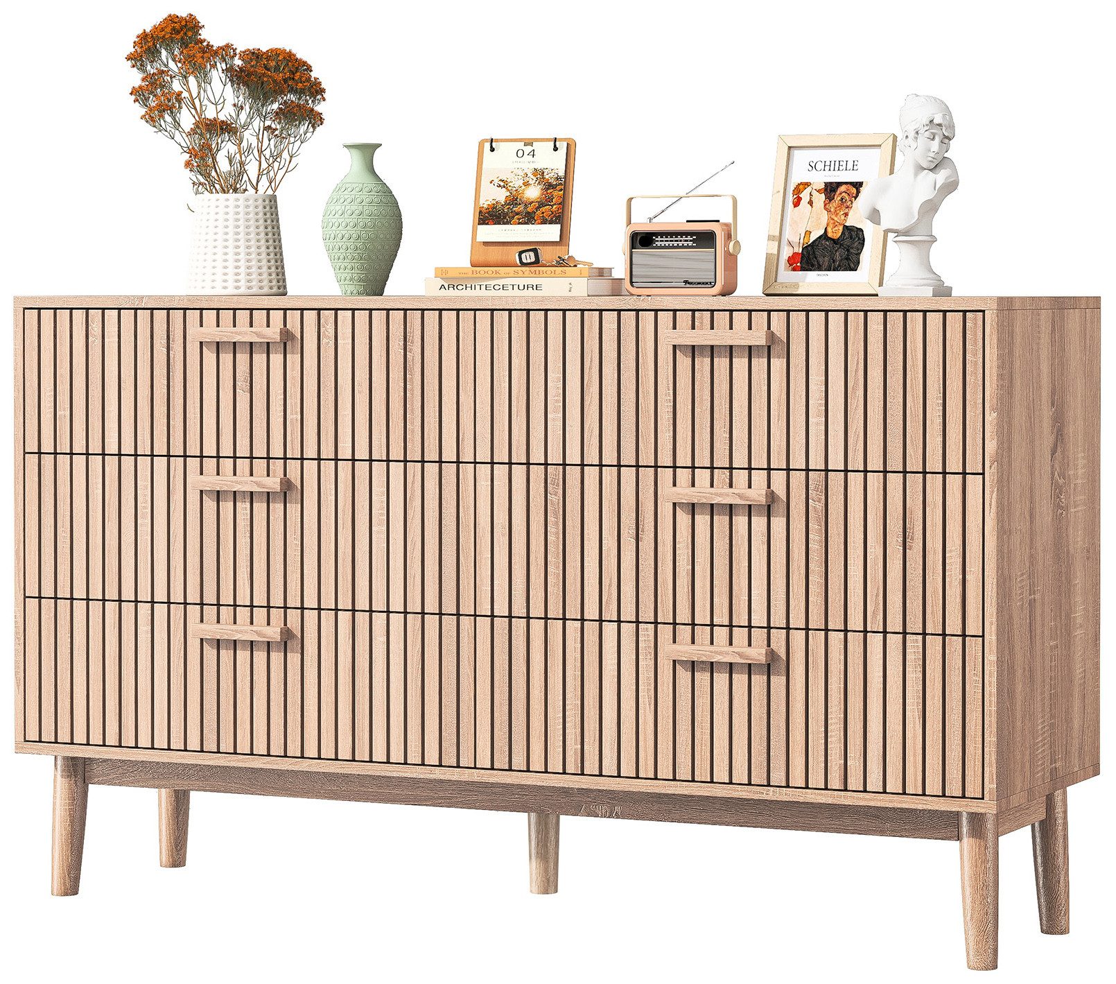FUROKOY Sideboard Kommode Mit rutschfesten Tischbeinen und Kippschutzvorrichtung, 100x34x73 cm,Mit 6 Schubladen,Mit geräuscharmem Dämpfungsschlitten