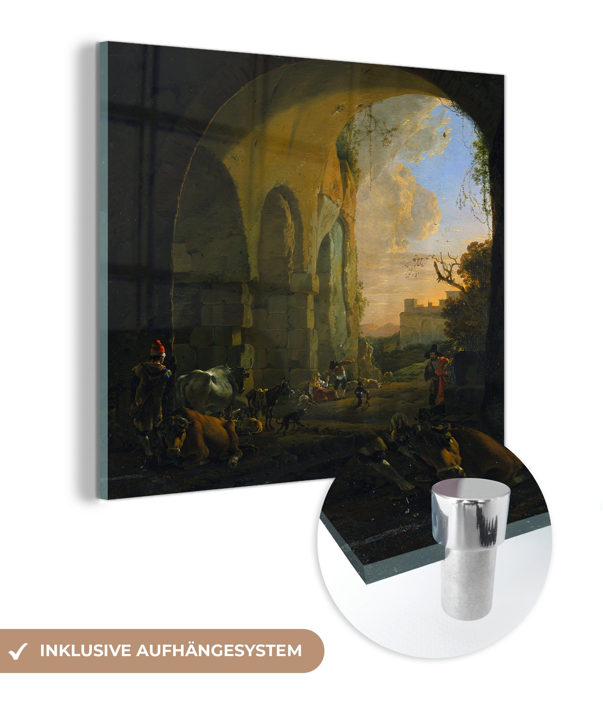 MuchoWow Acrylglasbild Hirten mit Vieh - im Wanddekoration (1 unter Glas Bilder - auf Foto Kolosseum St), von, Gewölbe einem - Rom Glas Wandbild Glasbilder - in auf Gemälde