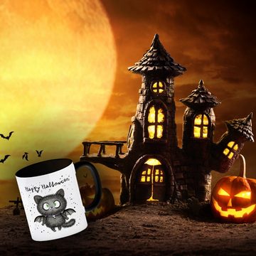 speecheese Tasse Happy Halloween Kaffeebecher in schwarz mit schwarzer Fledermaus-Katze