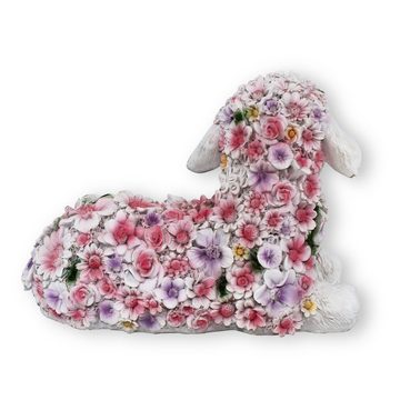 colourliving Tierfigur Lamm Figur liegend Blumenlamm Deko Lämmchen, Handbemalt, Wetterfest, Extrem Detailreich
