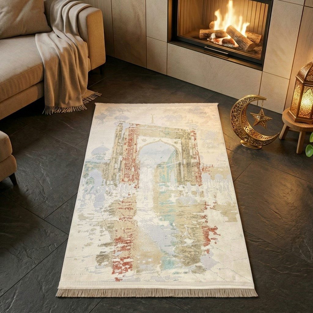 TeppichHome24 Teppich Gebetsteppich mit Moschee-Tor Motiv in hellen Naturtönen, rechteckig