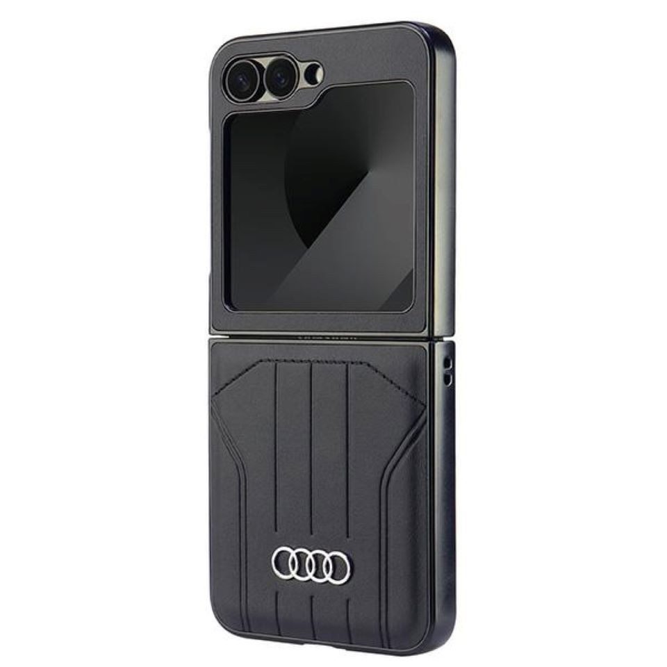Audi Handyhülle Case Galaxy Z Flip 6 Kunstleder schwarz Logo Ringe 6,7 Zoll, Kantenschutz