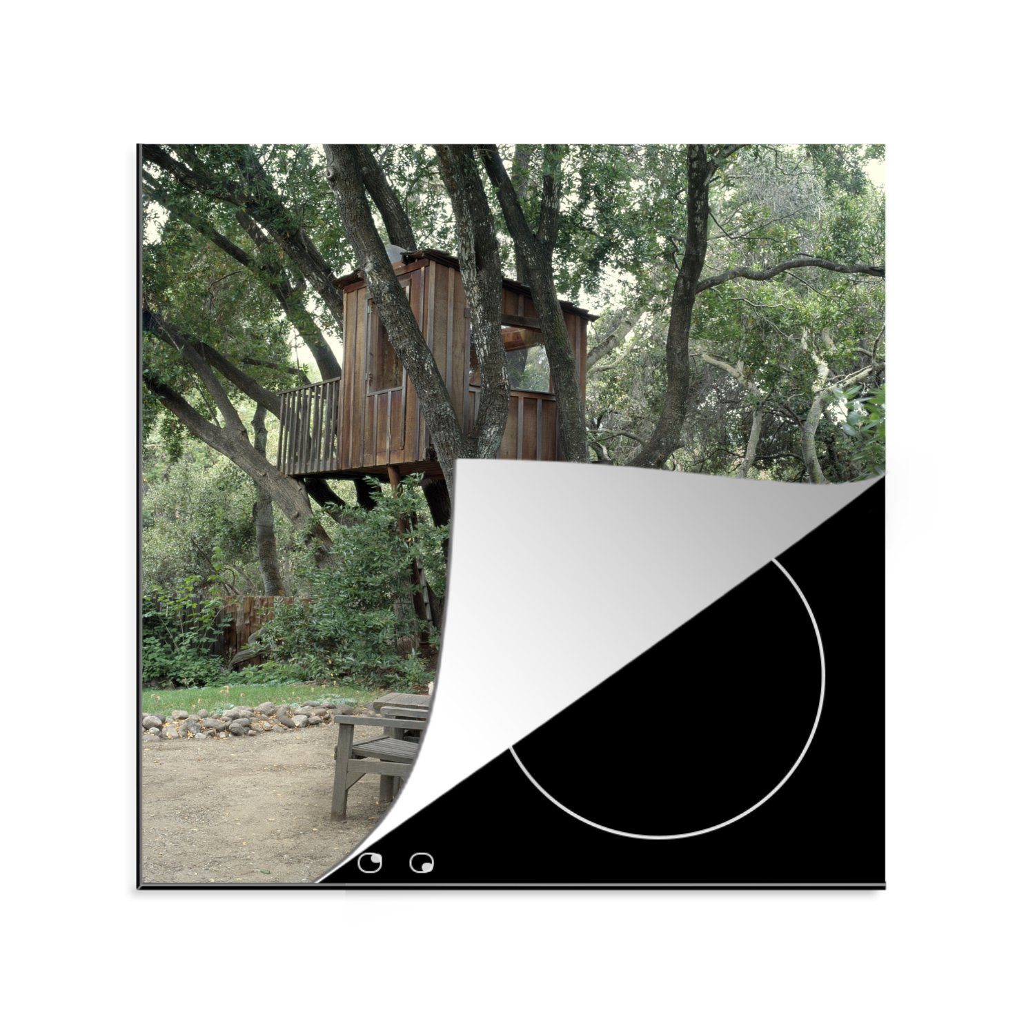 MuchoWow Herdblende-/Abdeckplatte Baumhaus in natürlicher Umgebung, Vinyl, (1 tlg), 78x78 cm, Ceranfeldabdeckung, Arbeitsplatte für küche