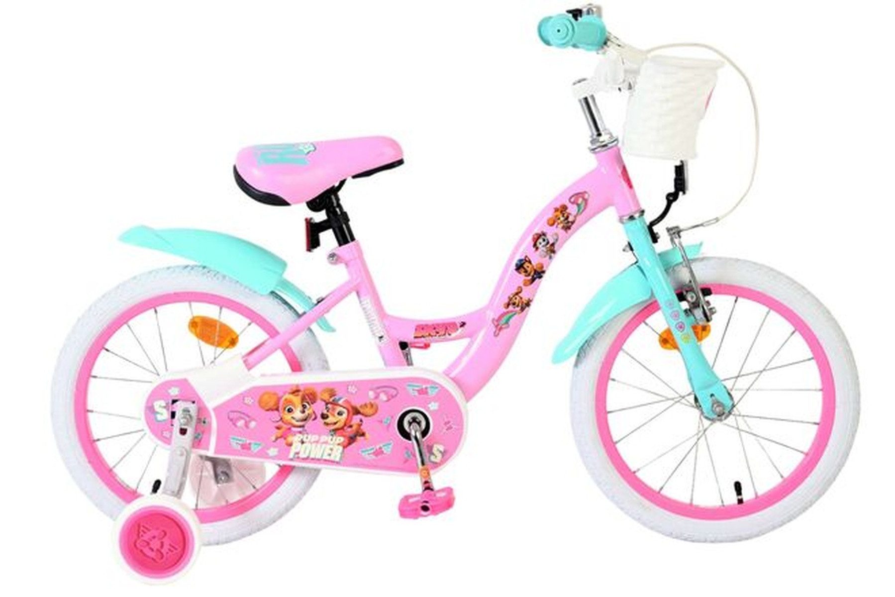 Volare Kinderfahrrad Paw Patrol Mädchen 16 Zoll Rosa - Korb, Puppensitz und Rücktrittbremse, Rücktrittbremse und Handbremse, geschlossener Kettenschutz