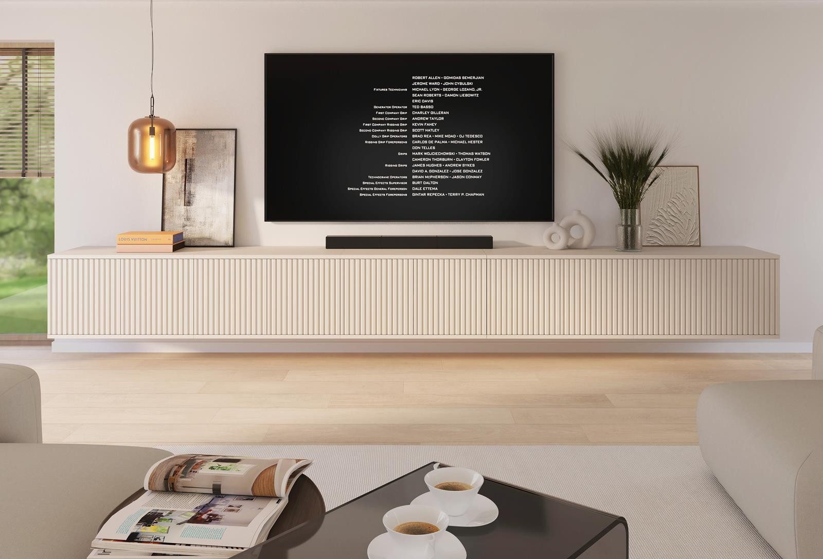 Compleo TV-Schrank Kaschmir 350cm breit, Lowboard oder Hängeschrank mit Lamellen