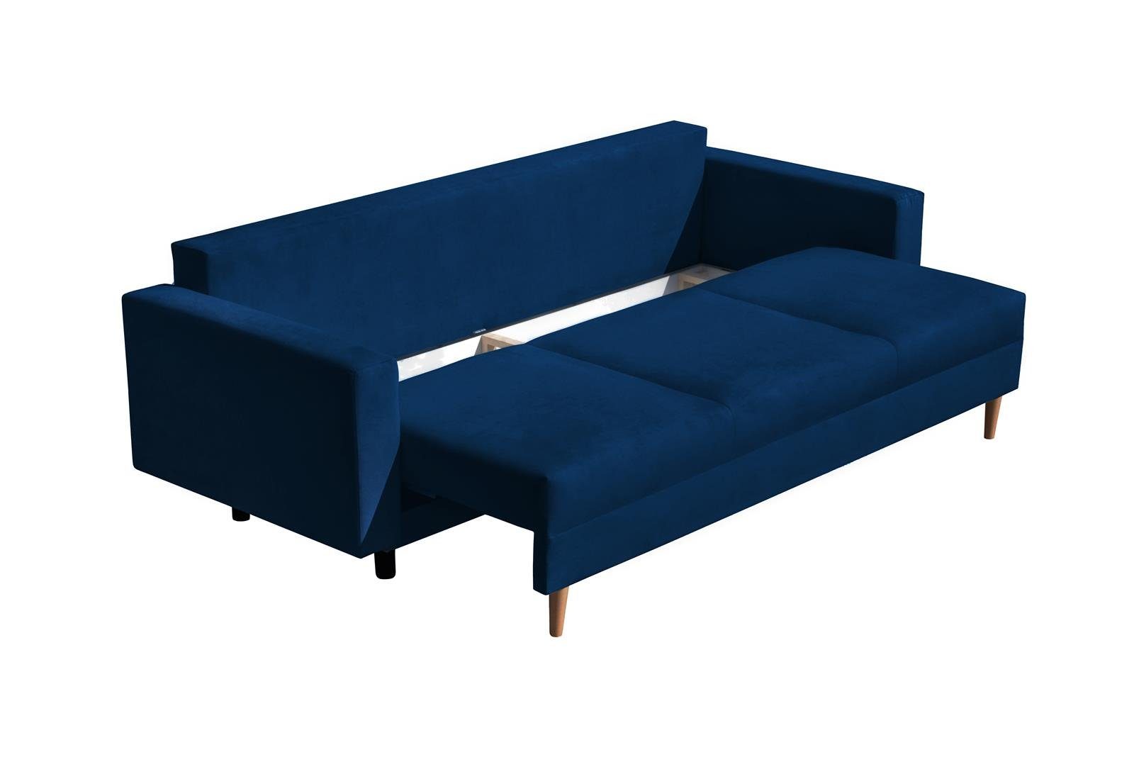3-Sitzer Beautysofa skandinavisches 3-Sitzer Relaxfunktion (trinity Sofa Design, 30) Dunkelblau Bettkasten, Wellenunterfederung, MILAN, Holzbeine, mit