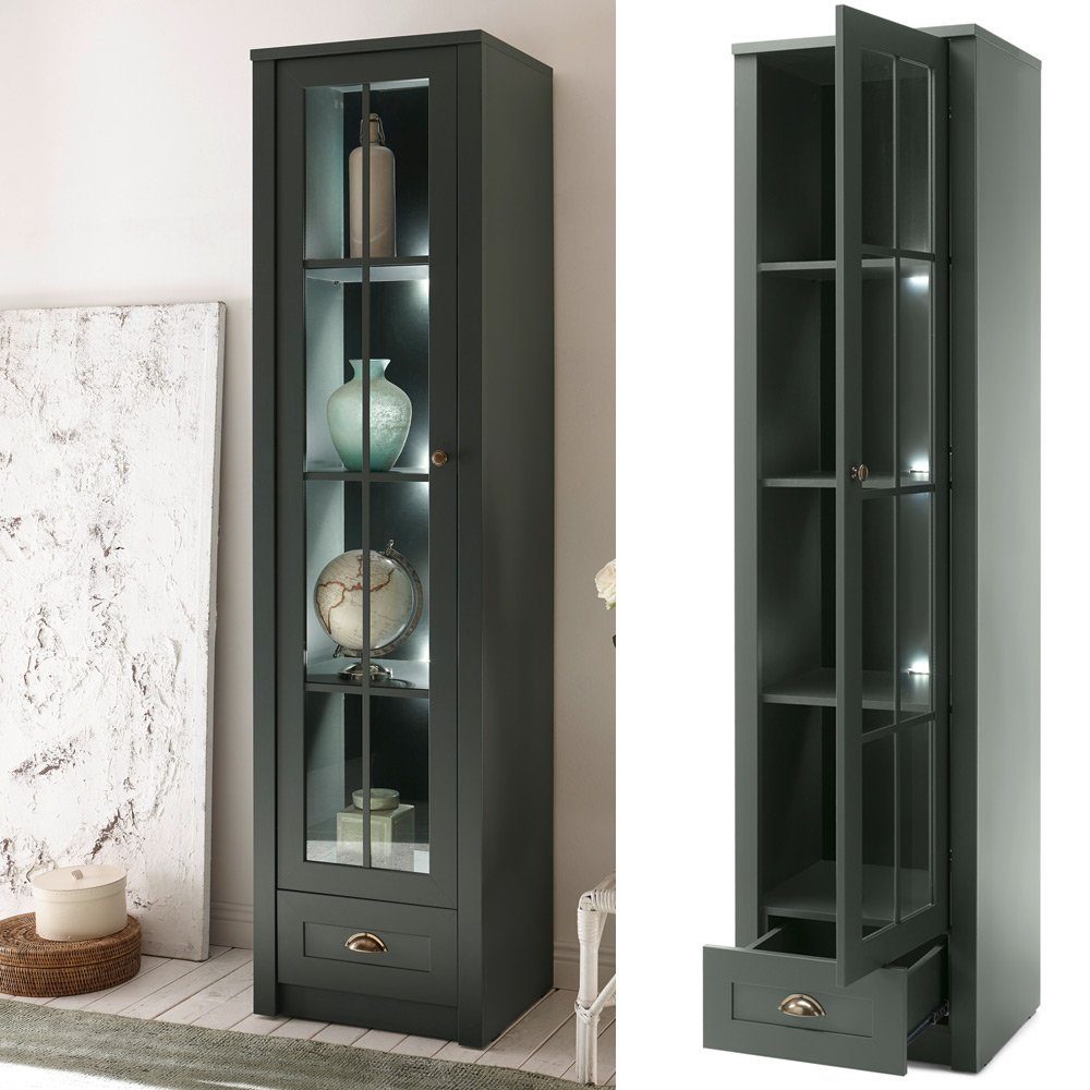 Wohnzimmer Vitrinenschrank Grün Mit Eiche - Mit LED-Beleuchtung