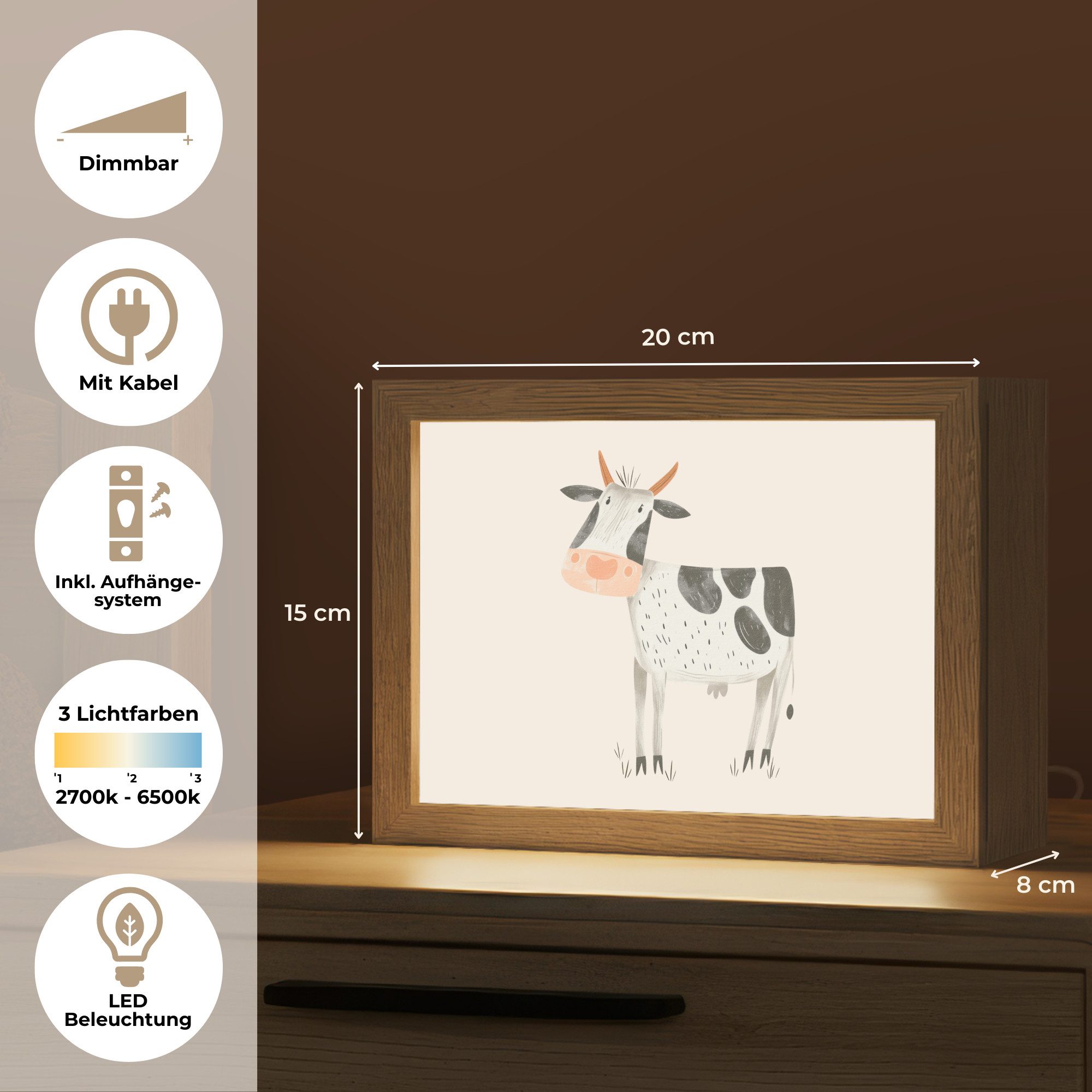 OnlyWow Nachttischlampe Lightbox Kuh - Bauernhoftier - Tiere - Pastellfarben - Jungen, Dimmbar, Farbwechsel, LED, Warmweiß, Kaltweiß, Neutralweiß Einstellbar, K – Bild 3 von 5