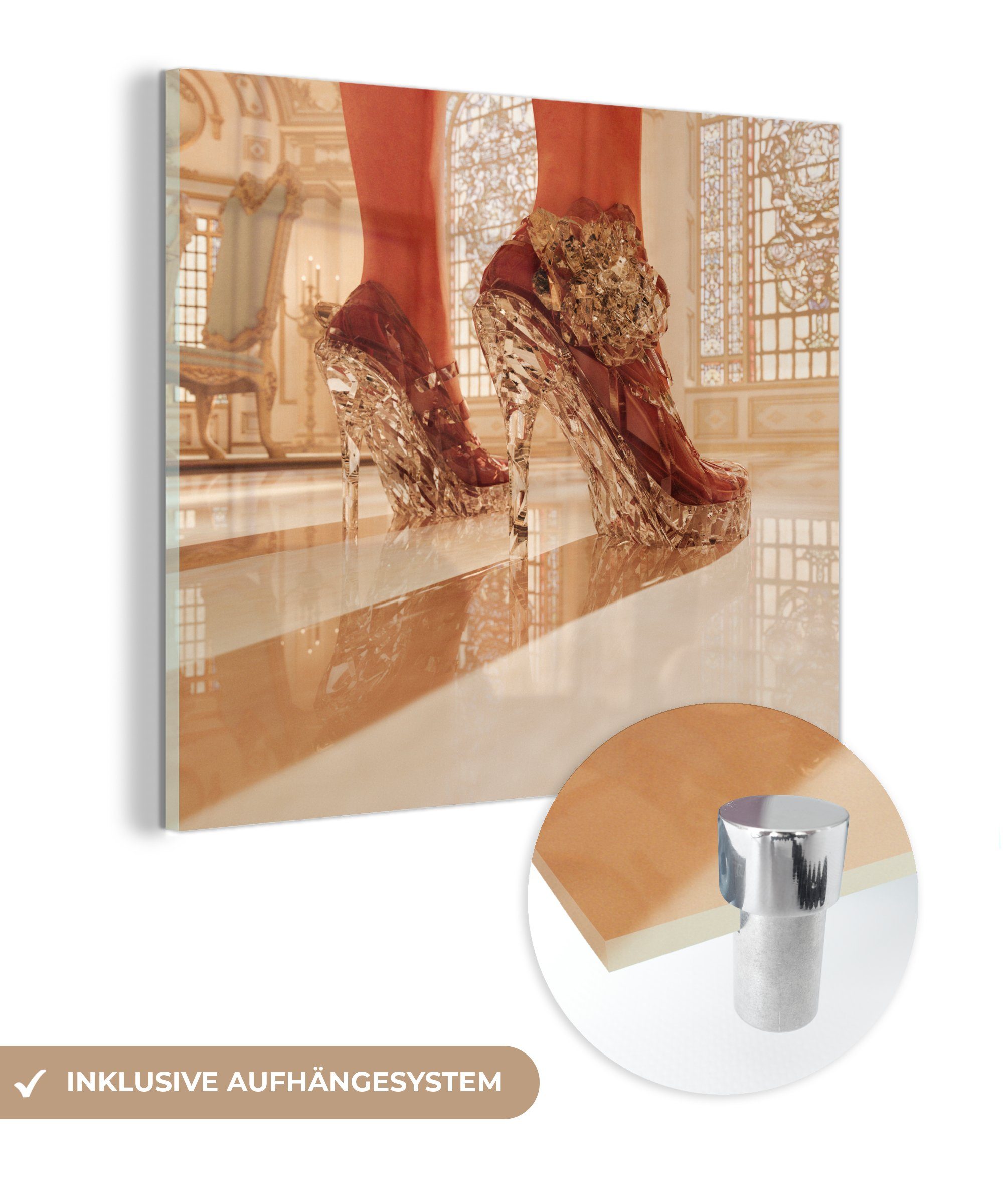 einer in Wanddekoration Foto Wandbild Bilder - Frau Glasbilder St), Füße Glas Glas - (1 Acrylglasbild MuchoWow Stöckelschuhen, - auf auf