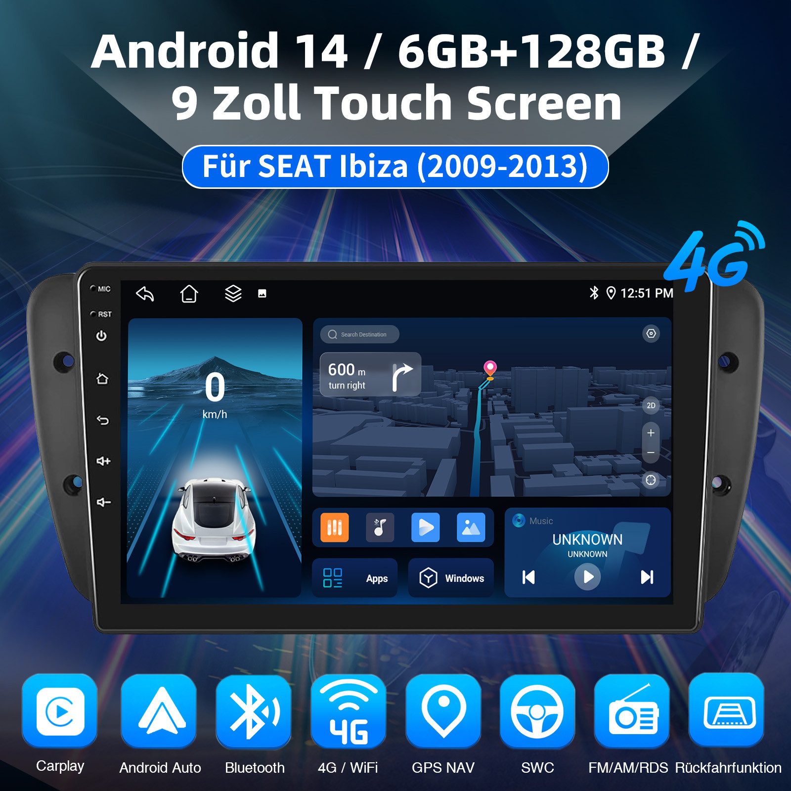 ESSGOO 6+128G Für Seat Ibiza 6j 2009-13 GPS Sat Navi WIFI Android 15 Carplay Autoradio (RDS, 6GB+128GB, 4G LTE, DAB (optional), FM, AM, DAB+ (optional), Carplay Android Auto Bluetooth EQ USB GPS Navi WIFI Touchscreen)