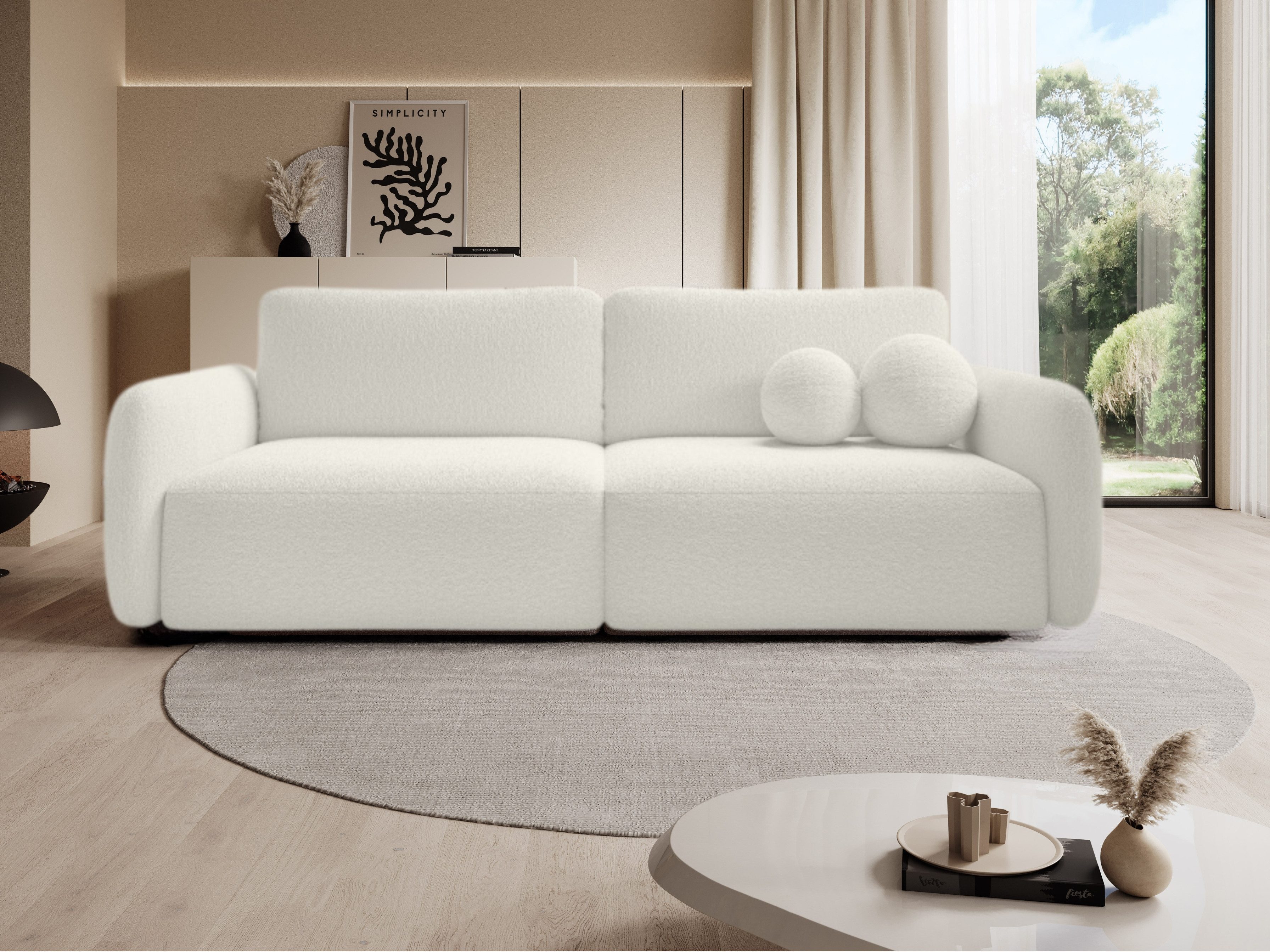 Goldstoff Schlafsofa Boo mit Bouclé-Stoff, Dekorative runde Kissen, ausziehbare Liegefläche