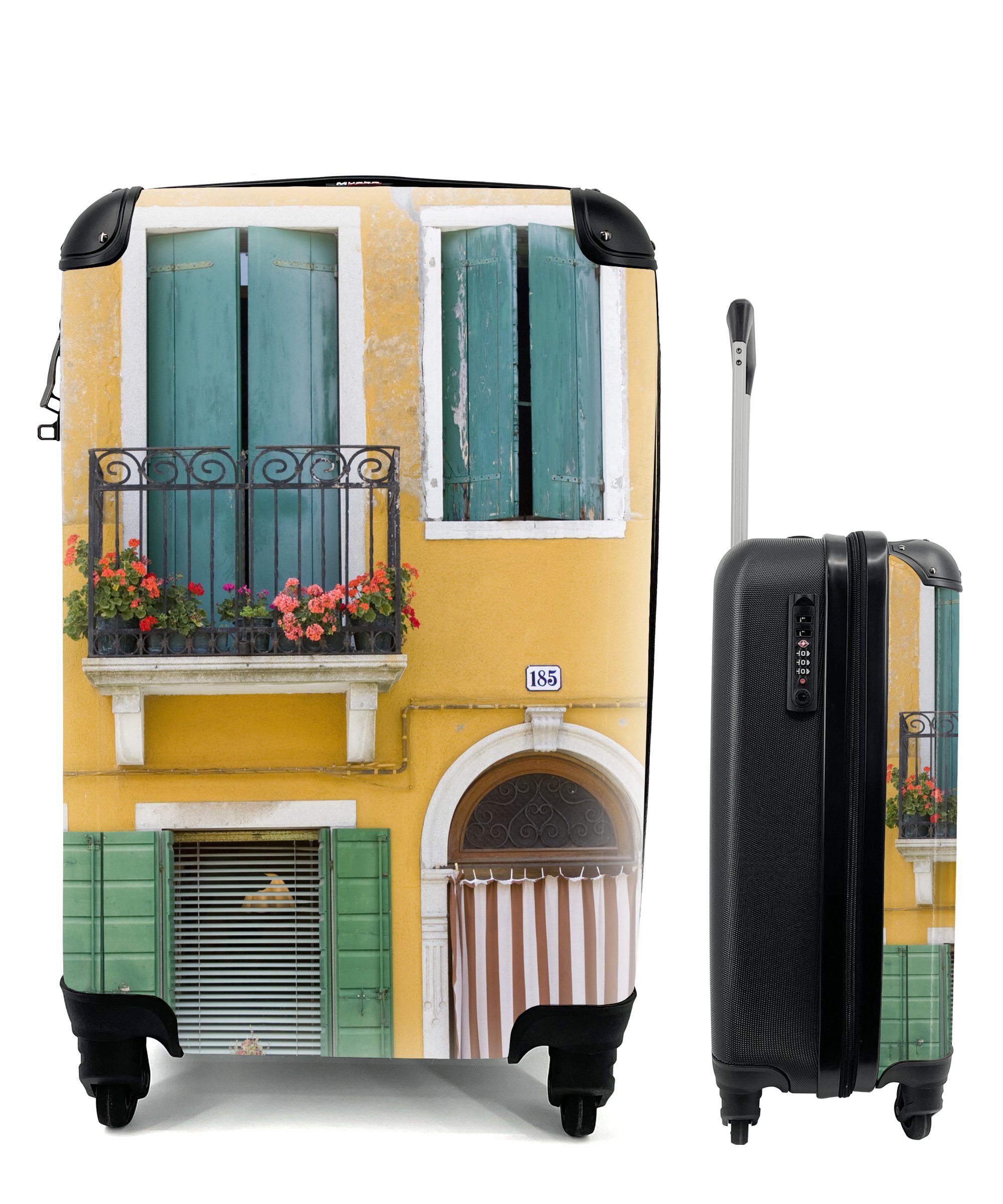 MuchoWow Handgepäckkoffer Heiteres Haus in Italien mit Fensterläden, 4 Rollen, Reisetasche mit rollen, Handgepäck für Ferien, Trolley, Reisekoffer
