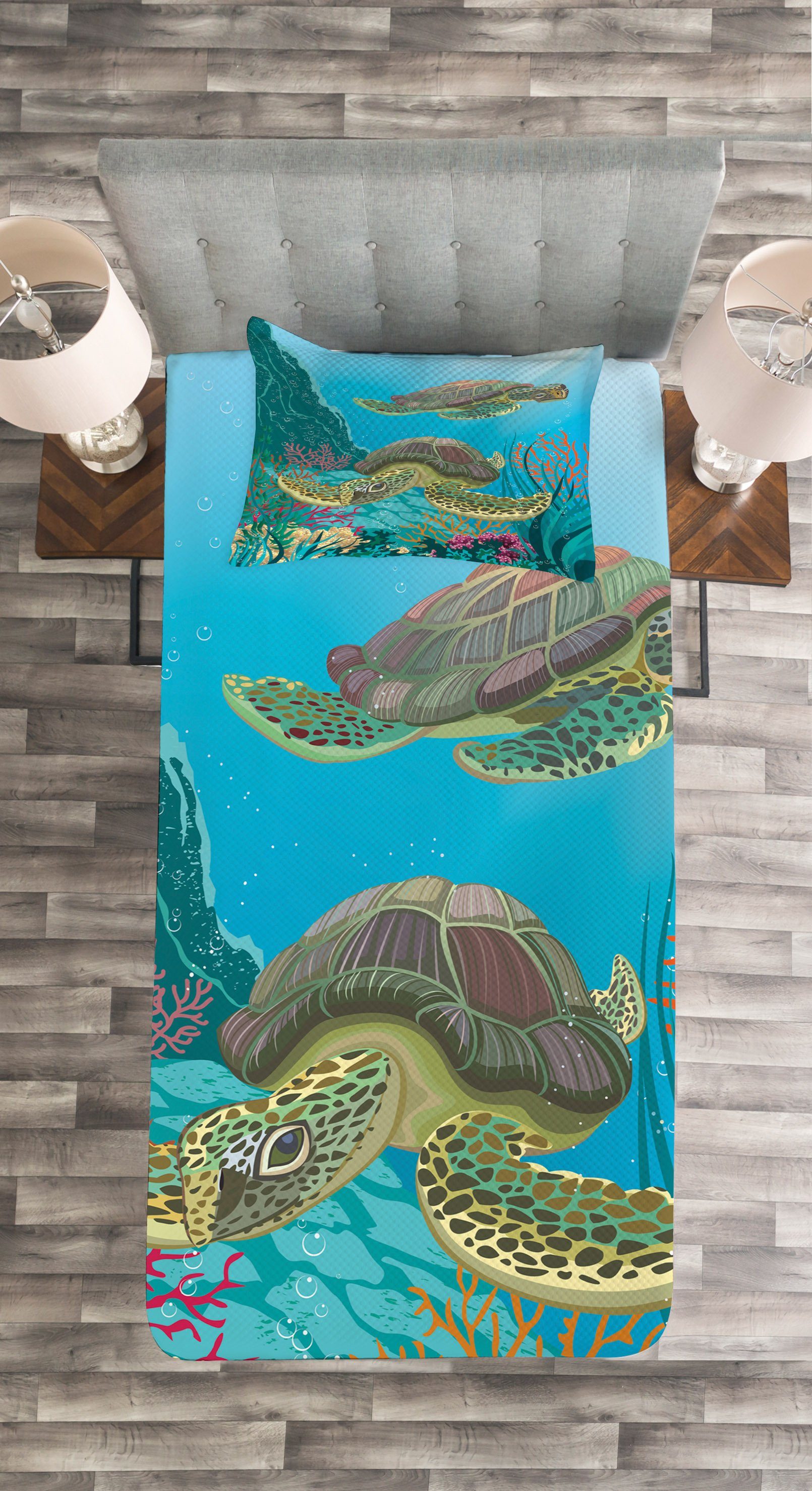Ozean im Tagesdecke Schildkröten mit Wasser Waschbar, Kissenbezügen Set Abakuhaus, Sealife