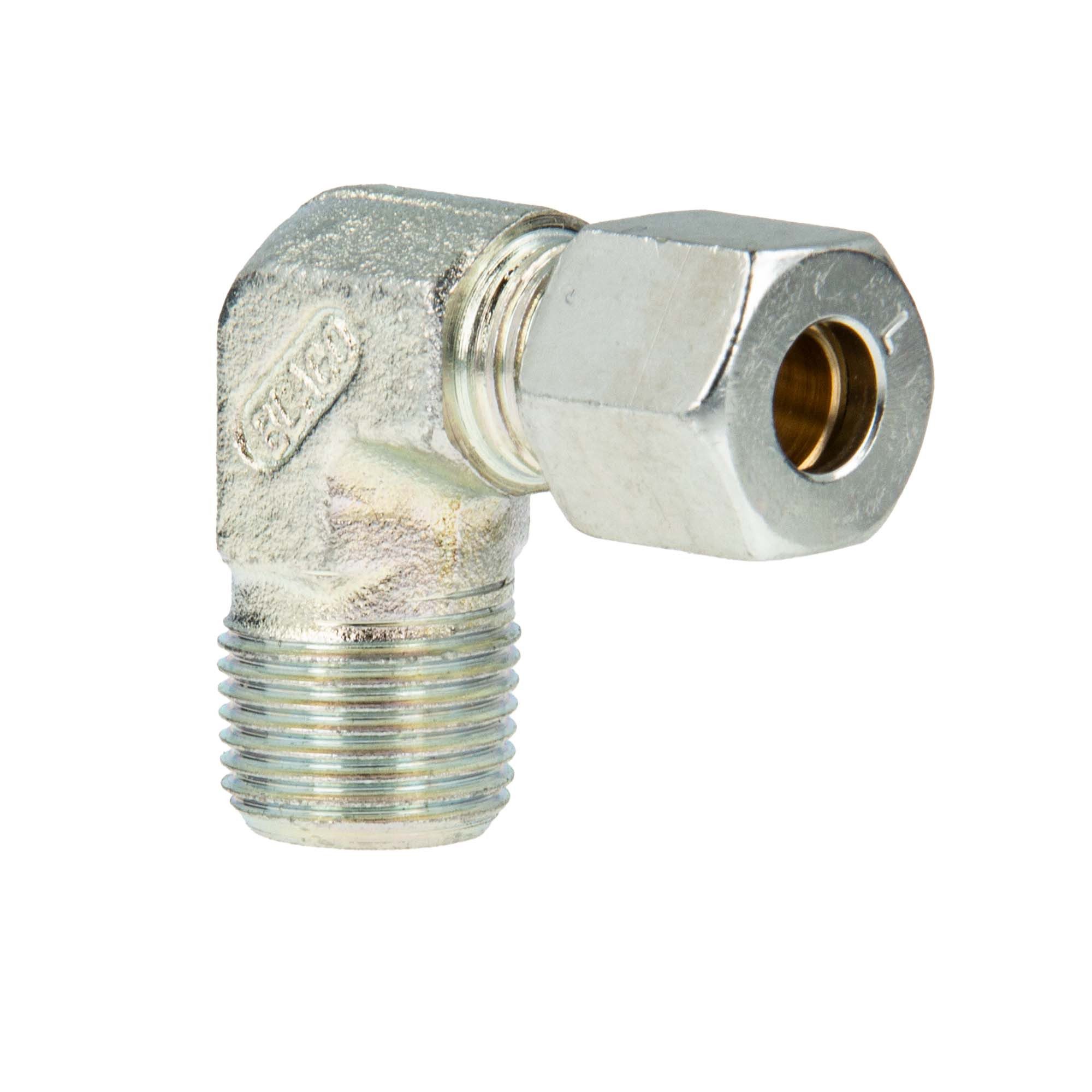 GOK Wasserrohr Schneidringverschraubung Typ WERK - 90° Winkel, R 1/2 Zoll AG x Ø 8 mm Schneidring Messing