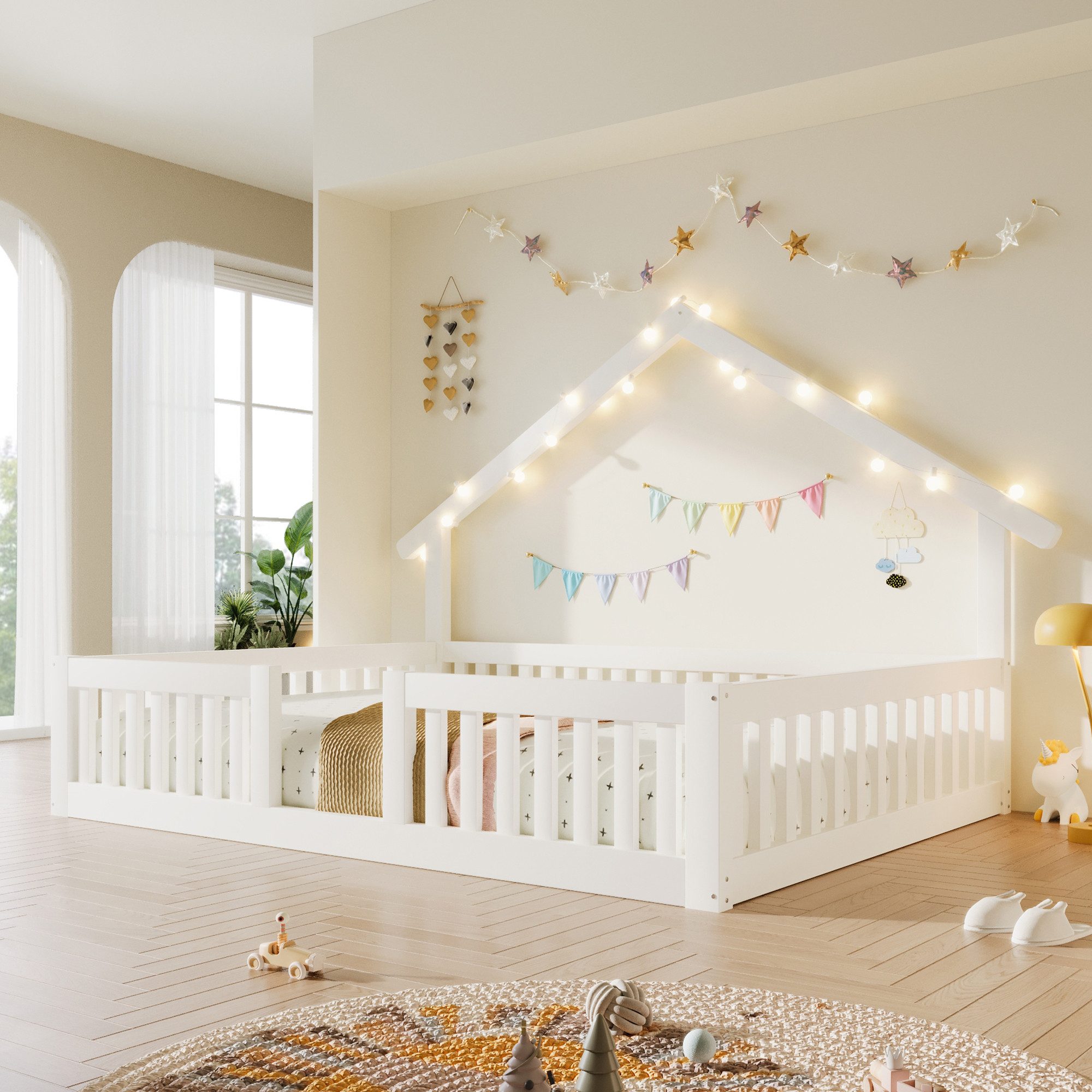 Flieks Kinderbett, Hausbett Bodenbett 140x200cm mit LED-Lichterkette ohne Lattenrost