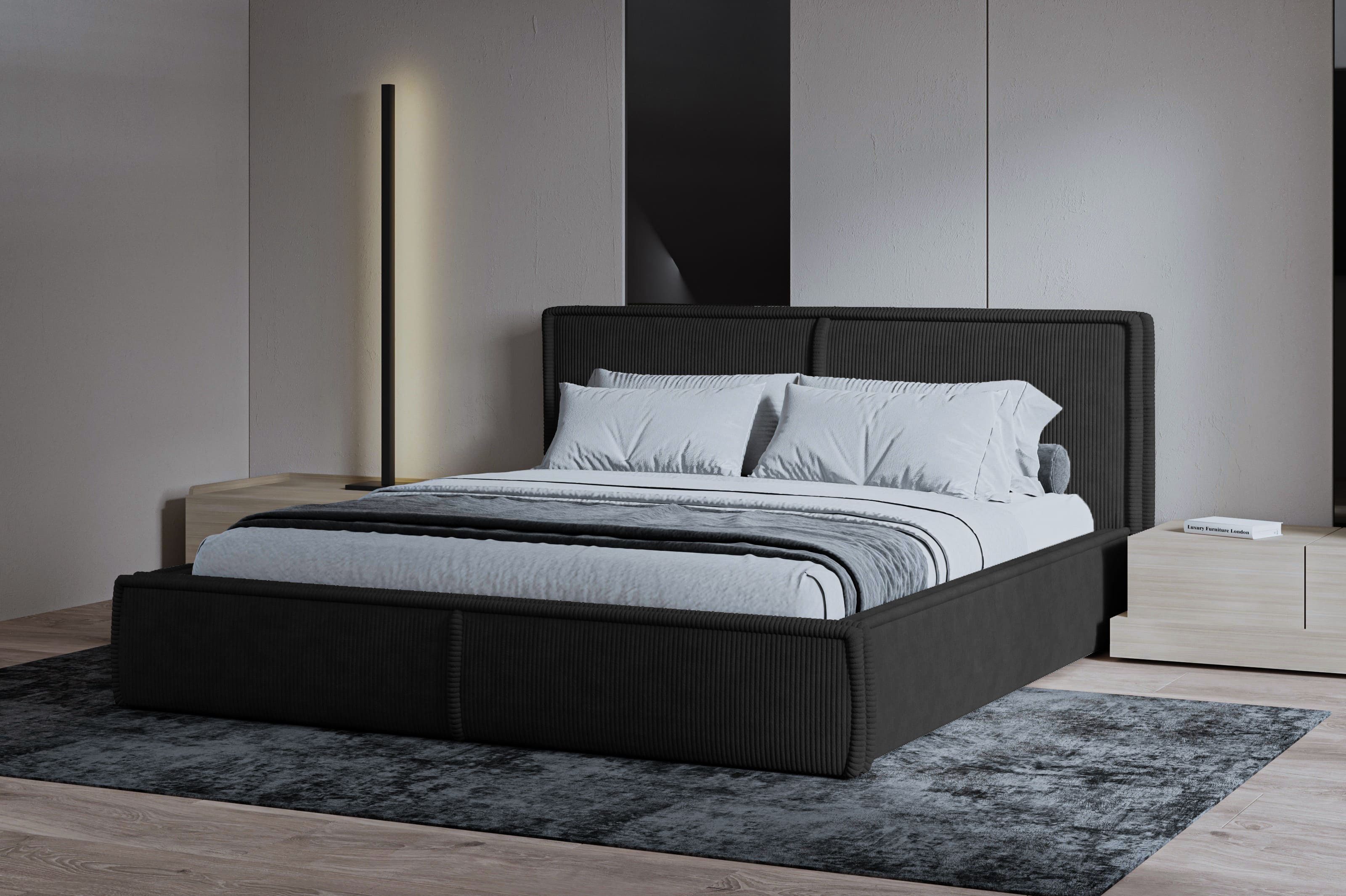 MOEBLO Polsterbett BETT 04 (Bezug: aus Cord, Doppelbett mit Kopfstütze, Rahmenbettgestell 140x200, mit Bettkasten und Lattenrost), mit Bettkasten