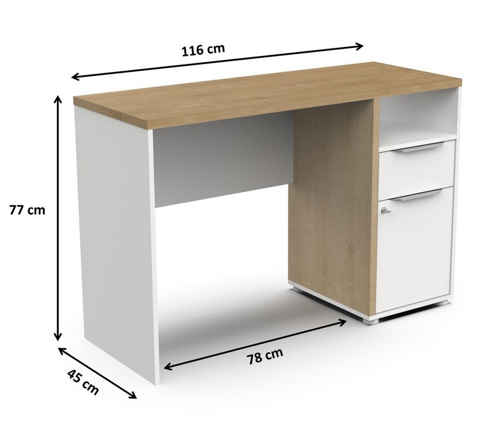 Kindermöbel 24 Schreibtisch 116 x 45 cm weiß/braun mit Schublade &  abschließbarer Tür