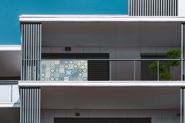 MuchoWow Balkonsichtschutz Blumen - Blau - Design - Fliese (1-St) Balkonbanner, Sichtschutz für den Balkon, Robustes und wetterfest