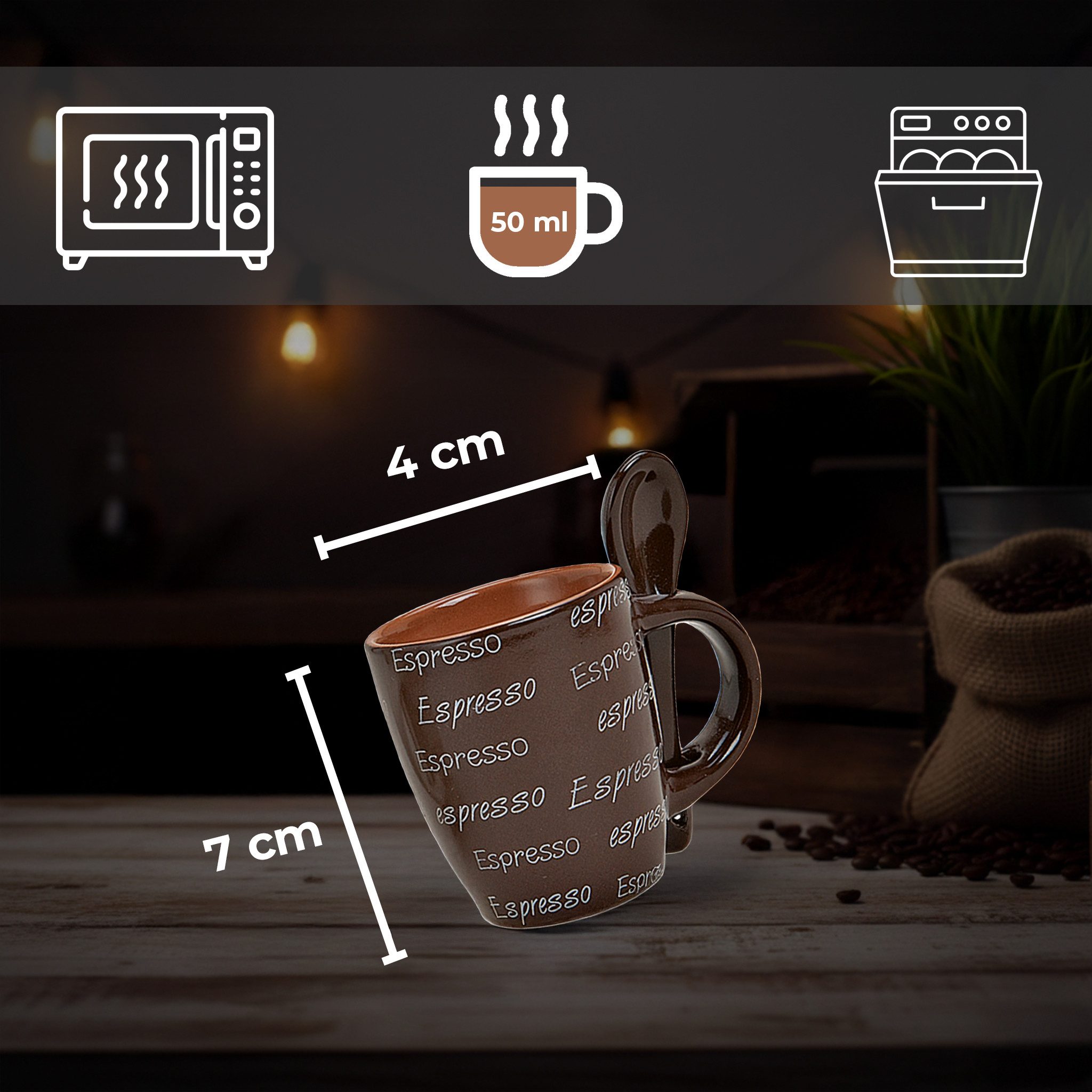 matches21 HOME & HOBBY Tasse Espresso-Tassen mit Löffel 48 Stk. dickwandige Keramik, 50 ml, 48-tlg., Keramik, Kleine Vintage Henkel Kaffee-Tassen mit Spruch ohne Untertassen