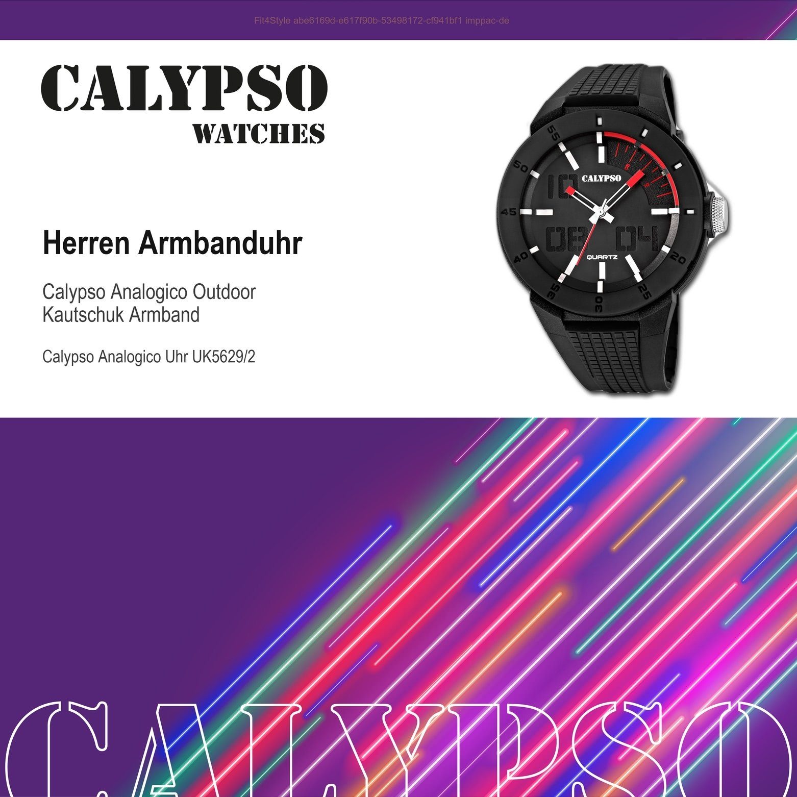 Armbanduhr Herren Outdoor Kunststoffband, WATCHES schwarz, K5629/2 Uhr rund, Kautschukarmband Calypso Quarzuhr Herren CALYPSO