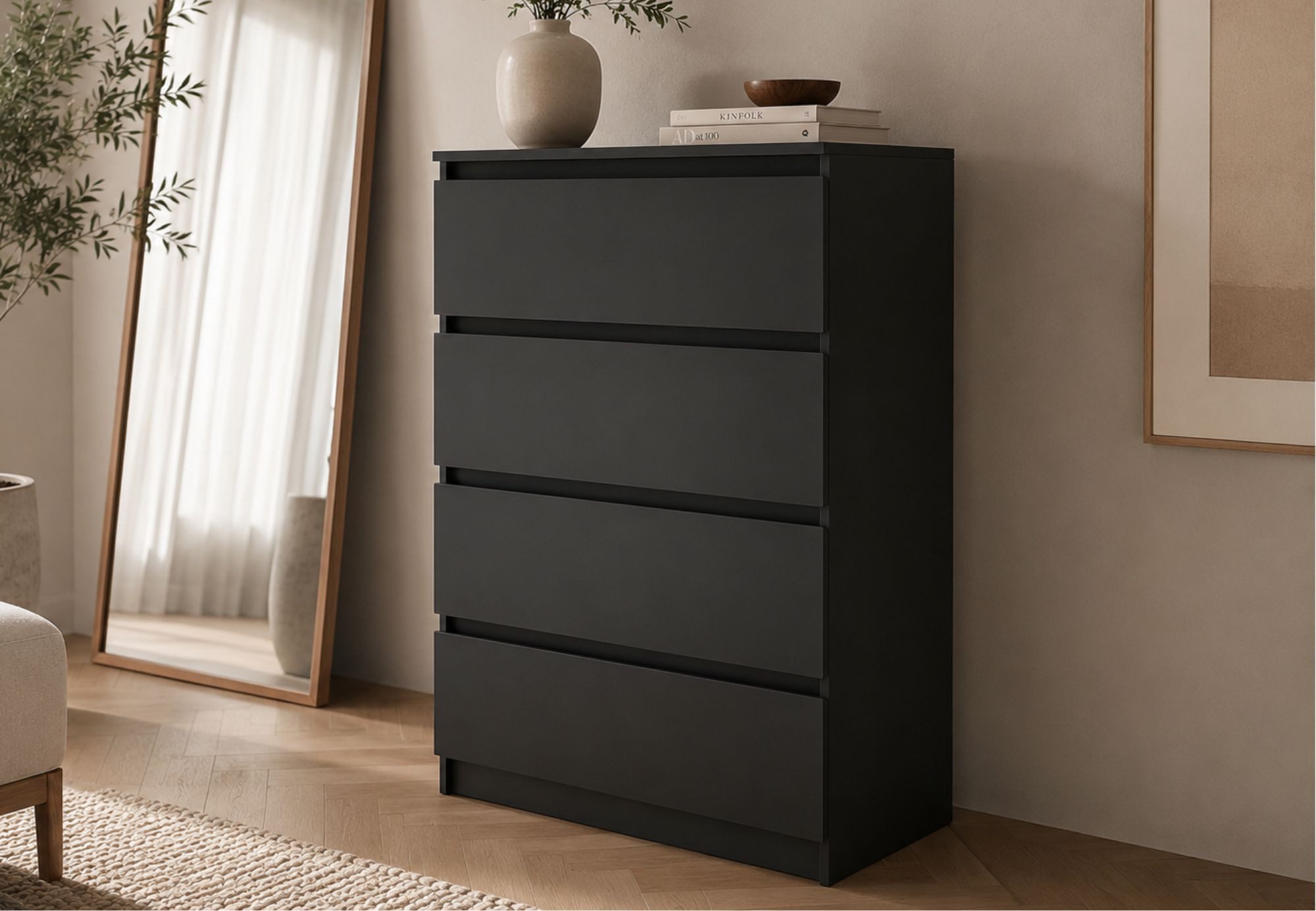 Home Collective Kommode Sideboard mit Schubladen Schubladenschrank Kommodenschrank, modern & vielseitig, mit 4 grifflosen Schubladen Schwarz
