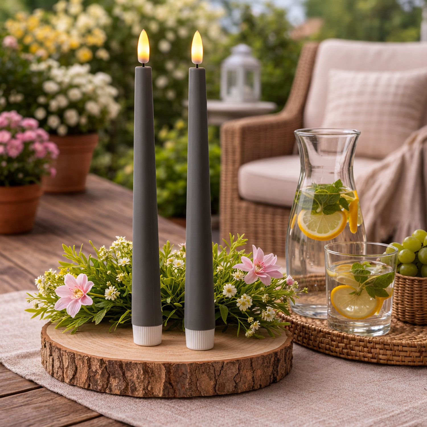 MARELIDA LED-Kerze LED Stabkerzen Outdoor Tafelkerzen Timer H: 25,5cm grau 2er Set, LED Classic, warmweiß (2100K bis 3000K)