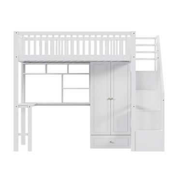 Ulife Hochbett Kinderbett mit großem Kleiderschrank Regal und Tisch,90 x 200cm Stauraum Treppe Mehrzweckbetteinheit Holzbettgestell