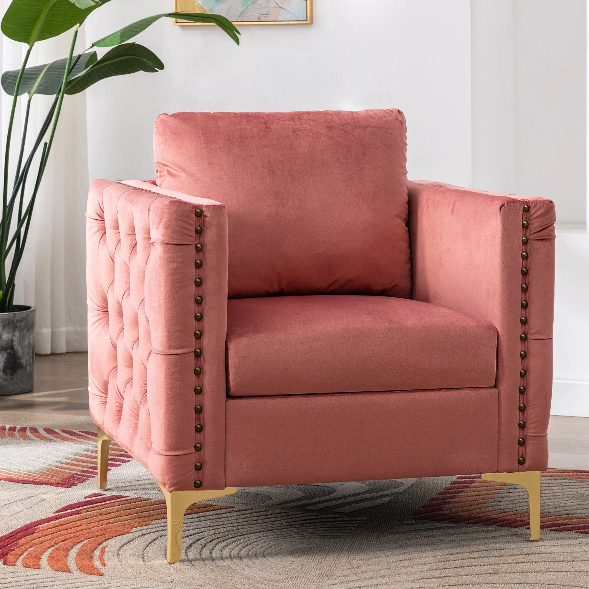 Merax Chesterfield-Sessel mit Armlehne und goldenen Beinen, Armlehnensessel, Relaxsessel aus Samt und Holz, Fernsehsessel