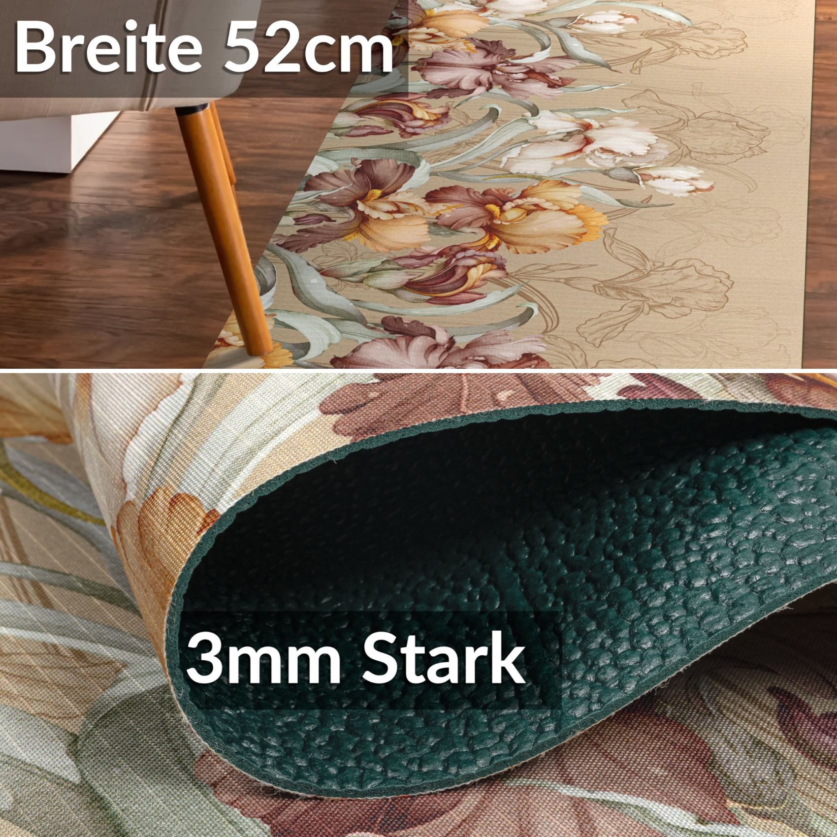 ANRO Küchenläufer RANNA Bodenmatte Flurläufer Teppichläufer Küchenteppich, eckig, Höhe: 3 mm, Meterware rutschfest 100cm Aquarell Beige wasserdicht