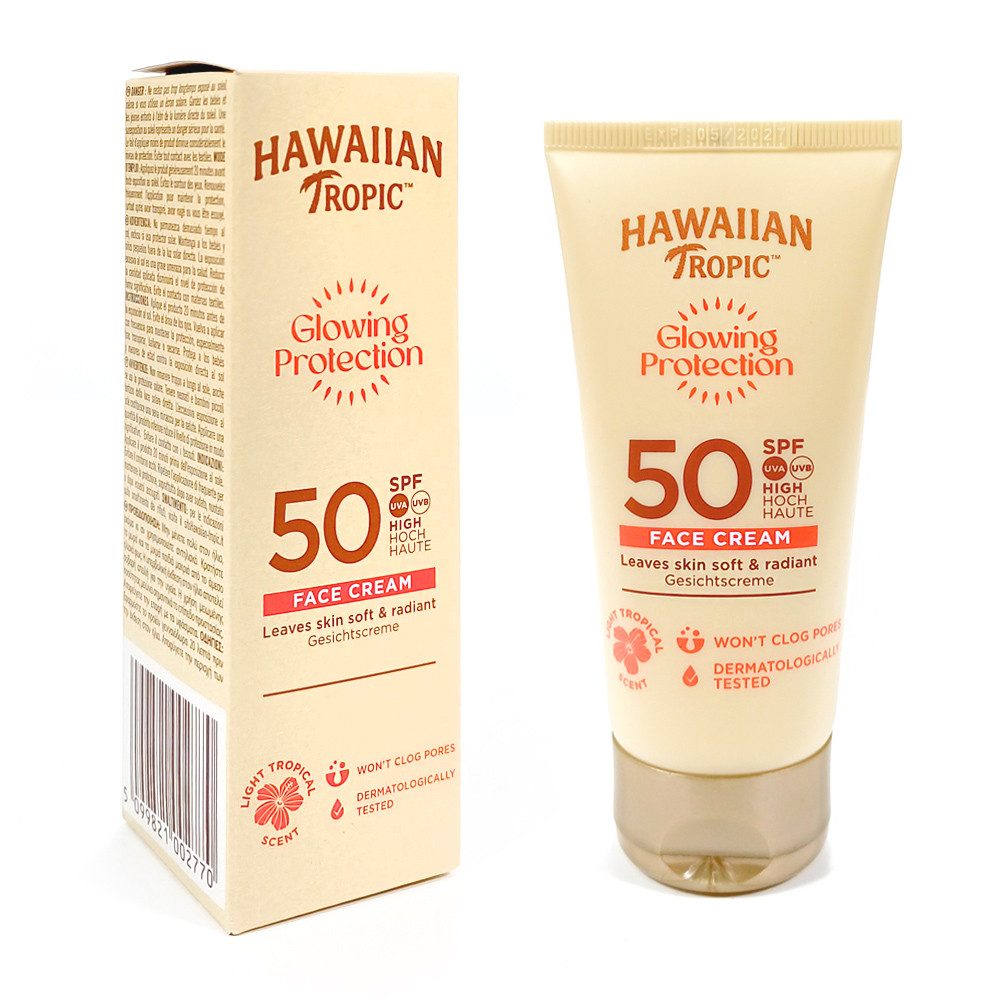 Hawaiian Tropic Sonnenschutzcreme Glowing Protection Face Cream LSF 50 (50 ml), verleiht strahlenden Glow