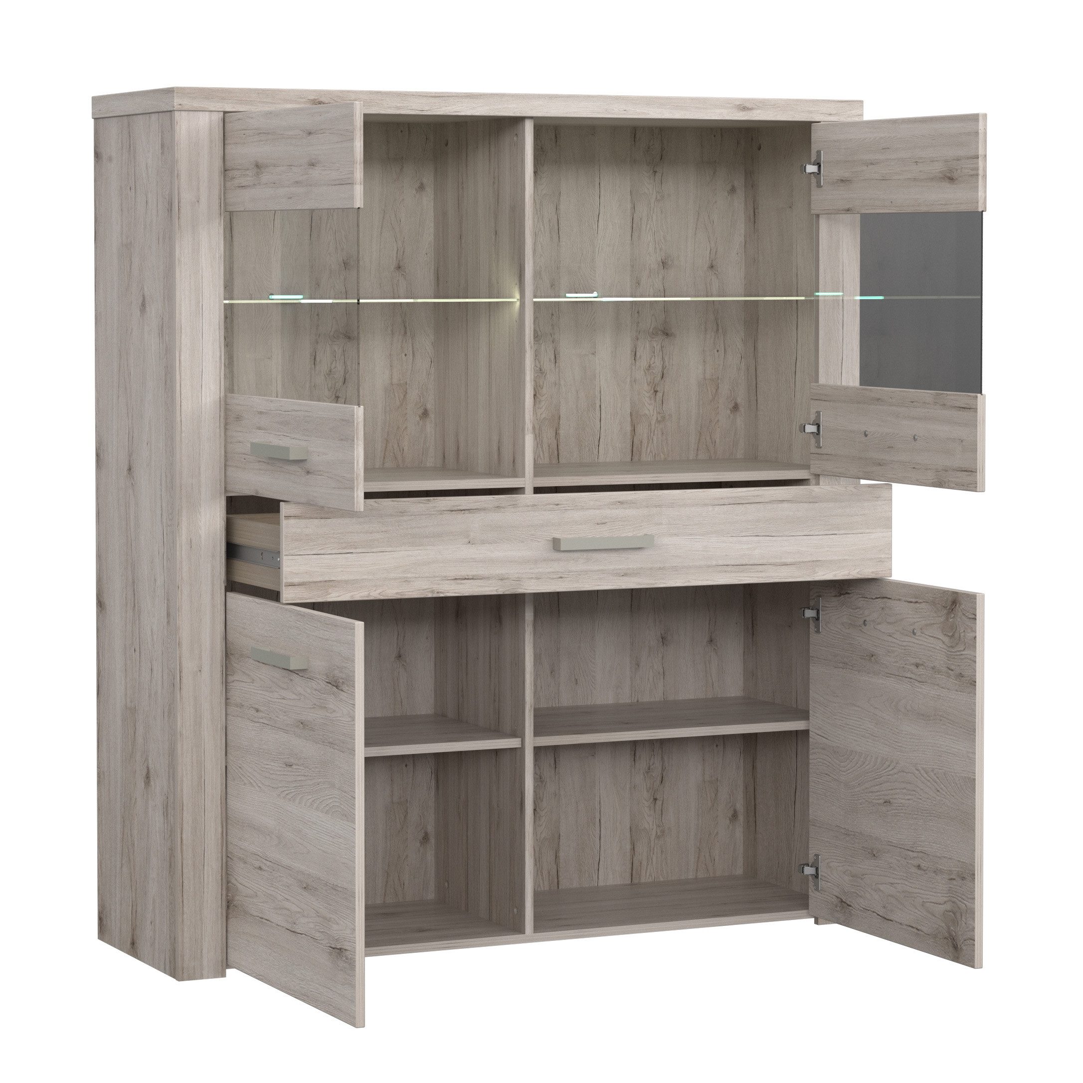 Newroom Vitrine Sandeiche 127 cm Highboardvitrine Sandeiche Modern Kommode Sideboard Wohnzimmer