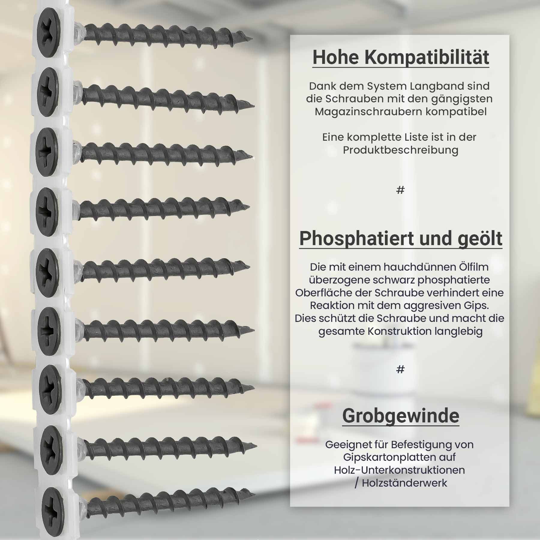 SCREWREBEL Schnellbauschraube Schnellbauschraube mit Grobgewinde, magaziniert, PH2, phosphatiert, (1000 St), für Holzunterkonstruktion,für Magazinschrauber,schnelle Verarbeitung