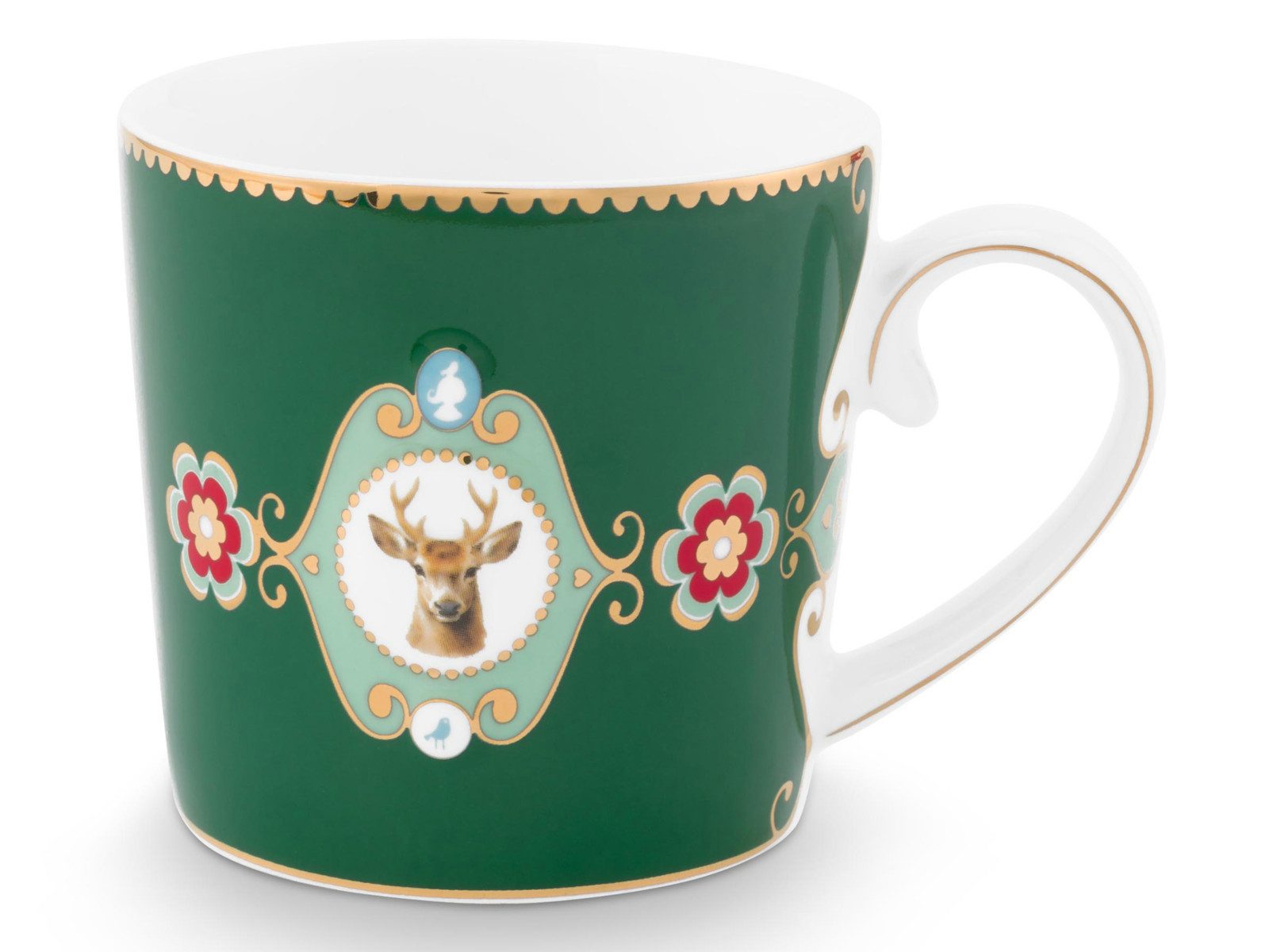 PiP Studio Tasse Love Birds Medaillon Hirsch Tasse dunkelgrün 0,19l, Porzellan