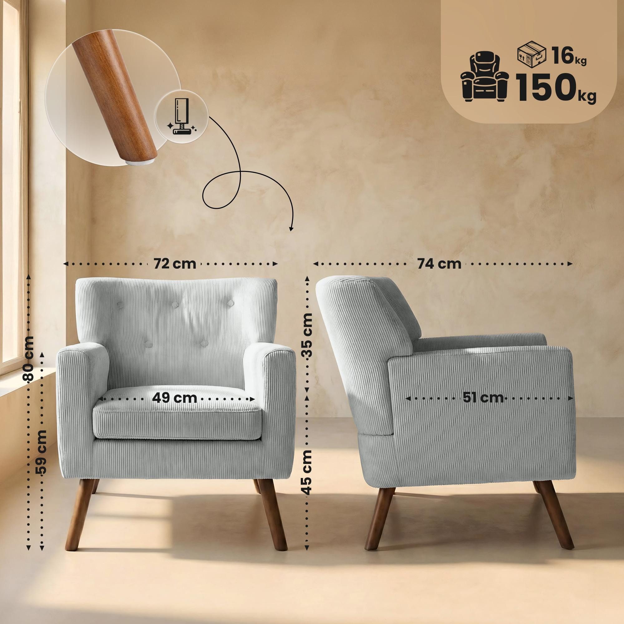 CLP Loungesessel Kioni (1er), Cordbezug, Kautschukholz, bis 150 kg belastbar