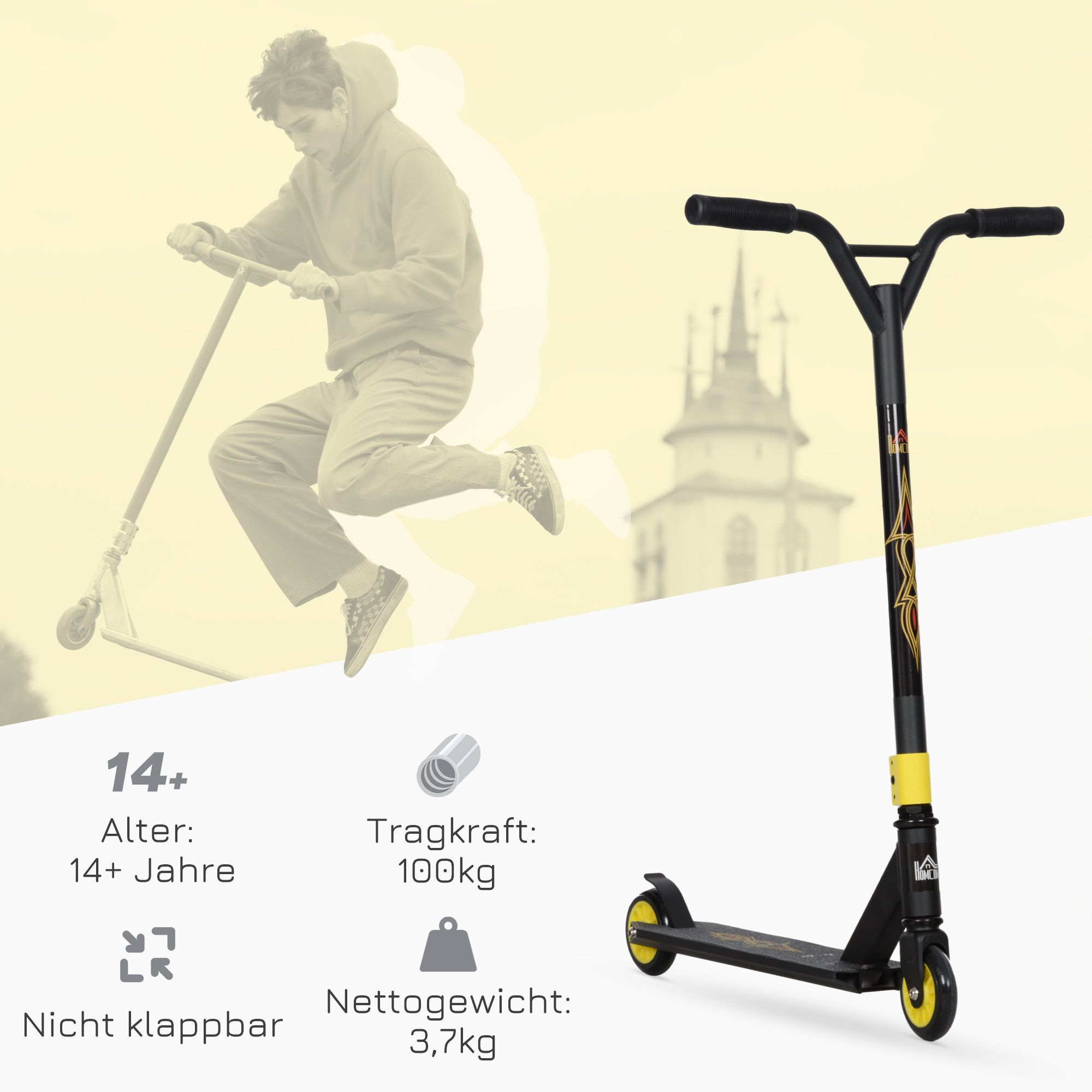 HOMCOM Stuntscooter mit ABEC 9 Kugellagern, 100 mm Kunstleder Räder, 0 km/h, (Roller, 1 tlg., Stuntroller), Alu, Gold 68 x 47,2 x 86 cm