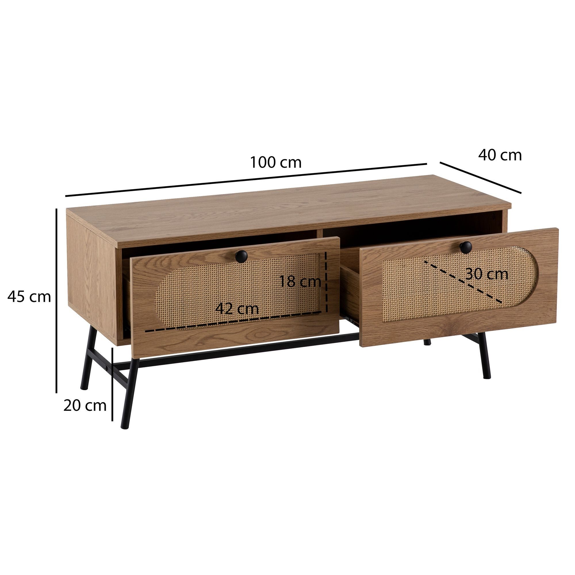 FineBuy Lowboard 100x45x40 cm TV-Kommode mit Eiche-Dekor & Rattan, Design TV-Schrank Hoch mit Schubladen, Fernsehtisch Fernsehschrank, Fernsehkommode Wohnzimmer – Bild 3 von 5