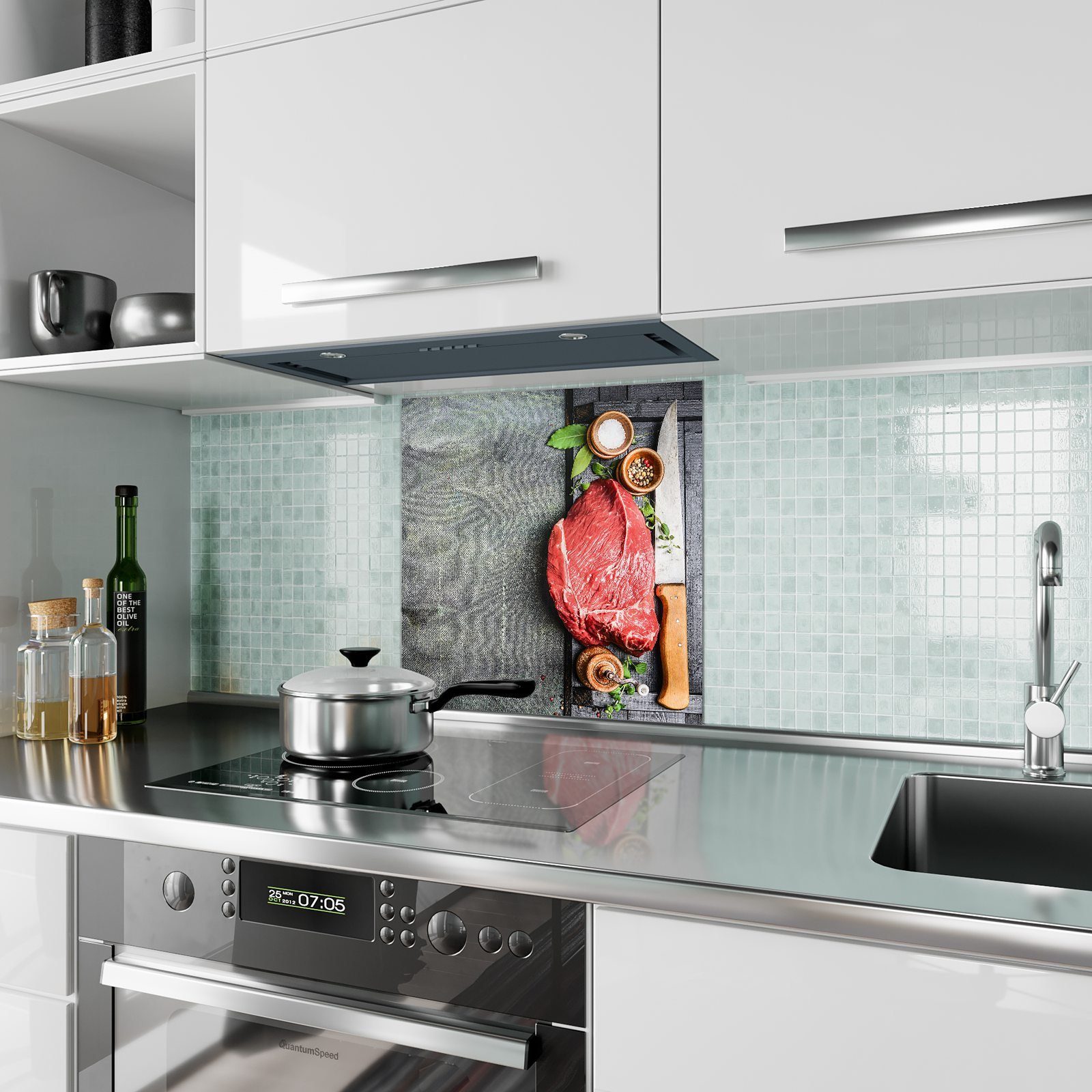 Primedeco Küchenrückwand Küchenrückwand Glas auf Spritzschutz Motiv Filet Schiefertafel mit
