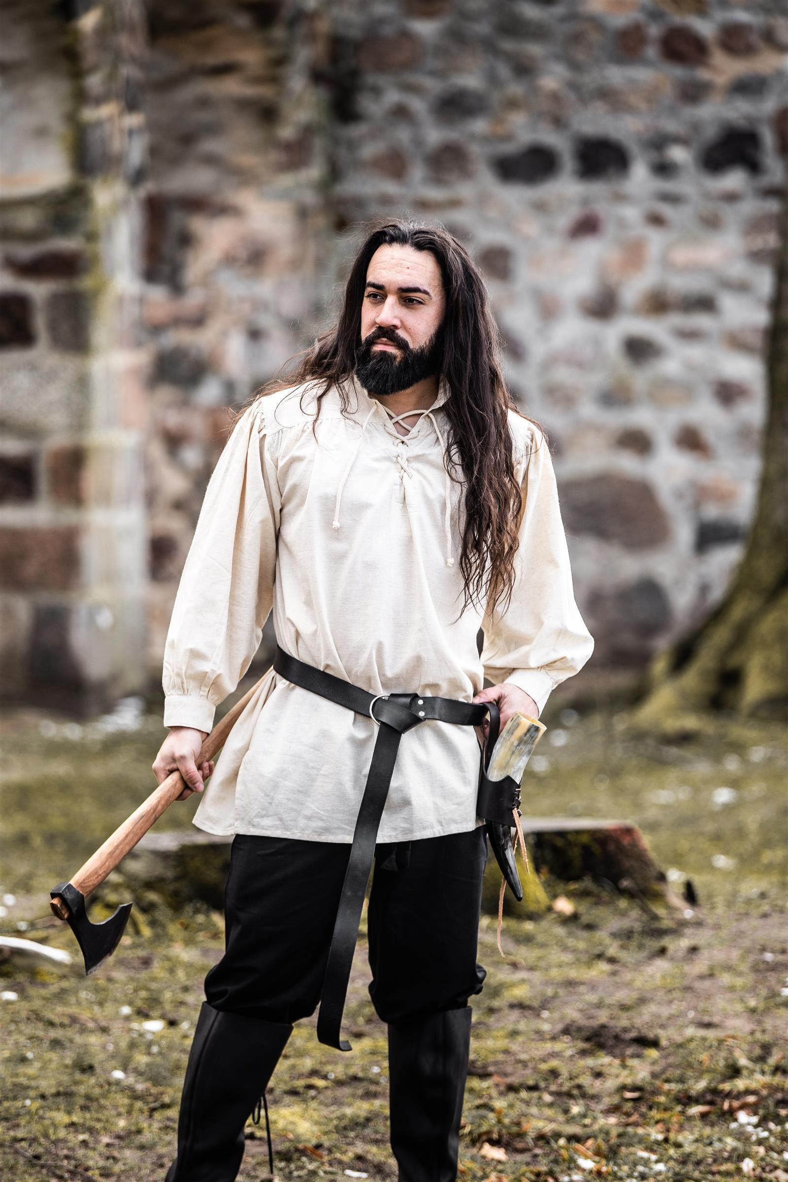 Leonardo Carbone Ritter-Kostüm Hemd "Ulrich" mit Schnürkragen, seitliche Schlitze, atmungsaktive Baumwolle